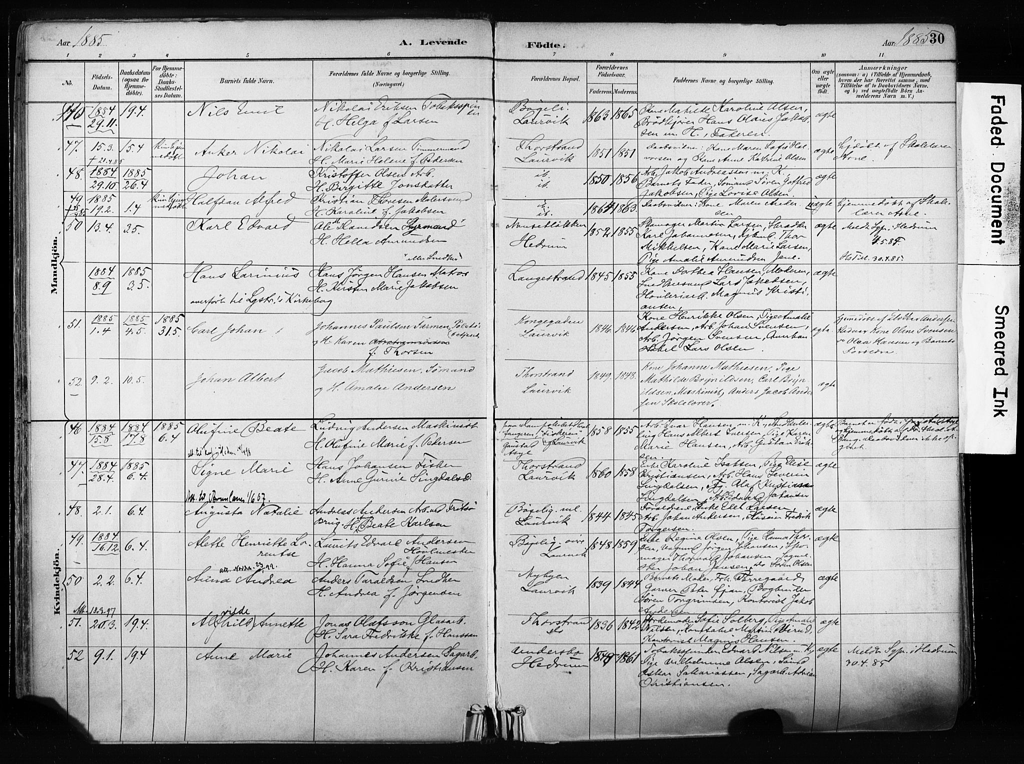 Larvik kirkebøker, AV/SAKO-A-352/F/Fa/L0009: Ministerialbok nr. I 9, 1884-1904, s. 30