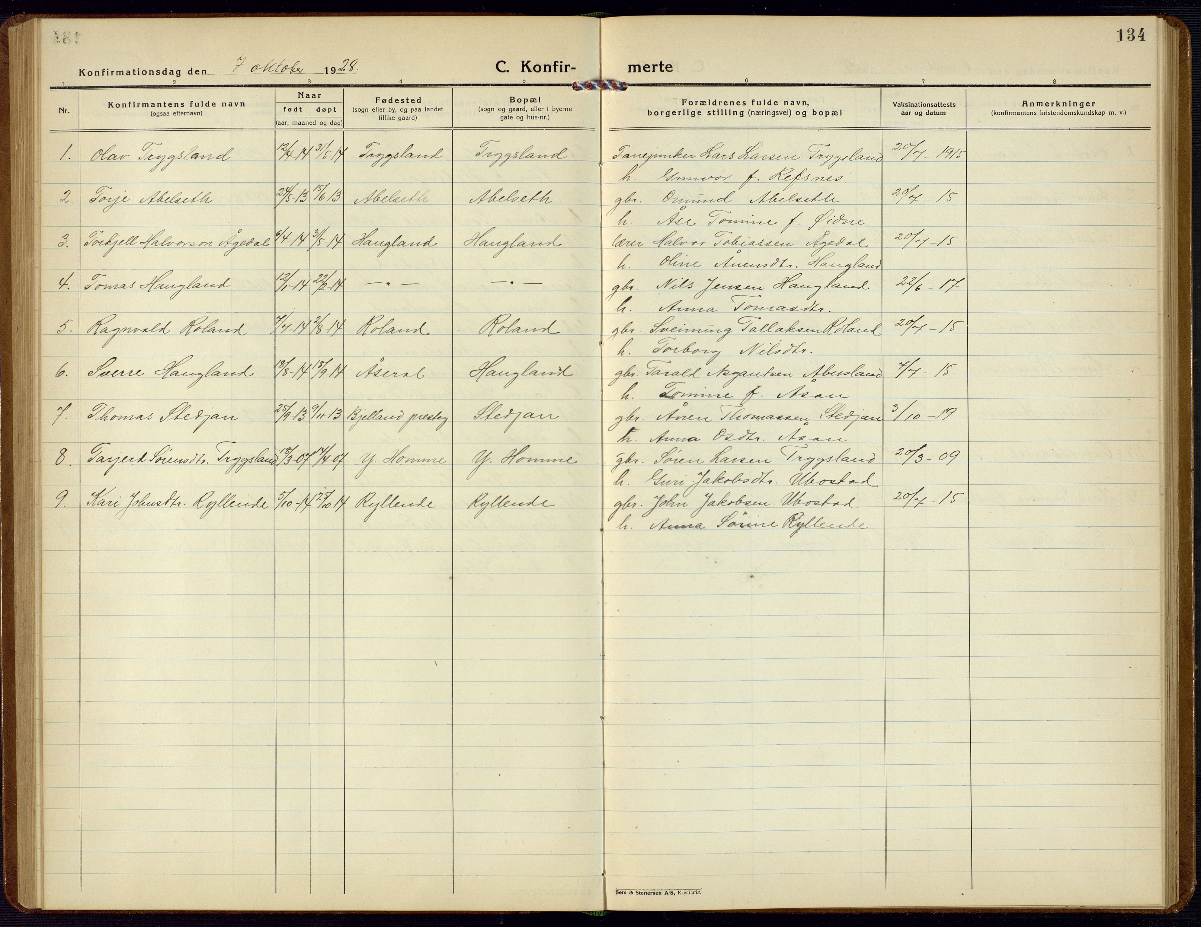Bjelland sokneprestkontor, AV/SAK-1111-0005/F/Fb/Fba/L0006: Klokkerbok nr. B 6, 1923-1956, s. 134
