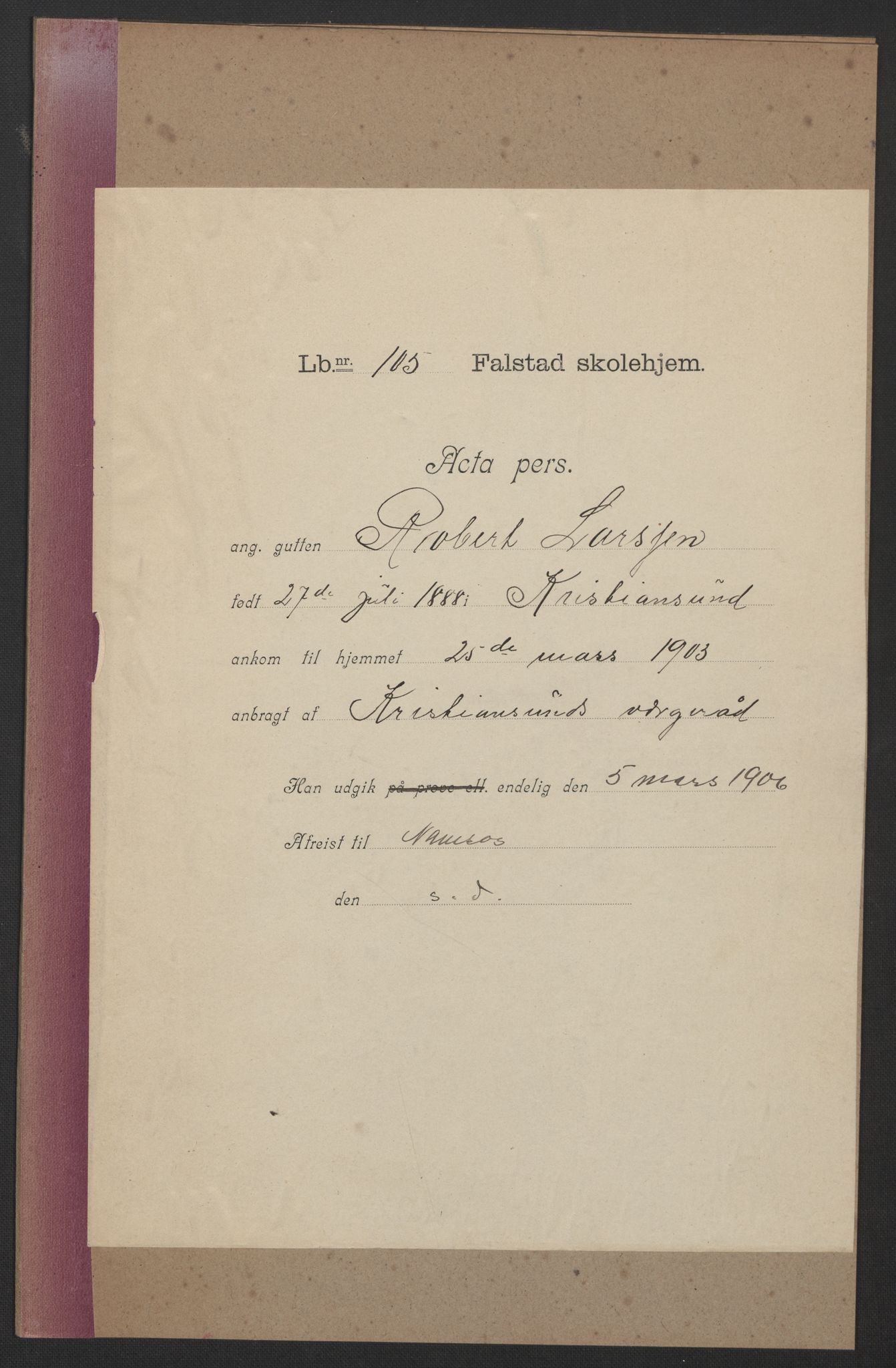 Falstad skolehjem, AV/RA-S-1676/E/Eb/L0005: Elevmapper løpenr. 99-120, 1902-1909, s. 78