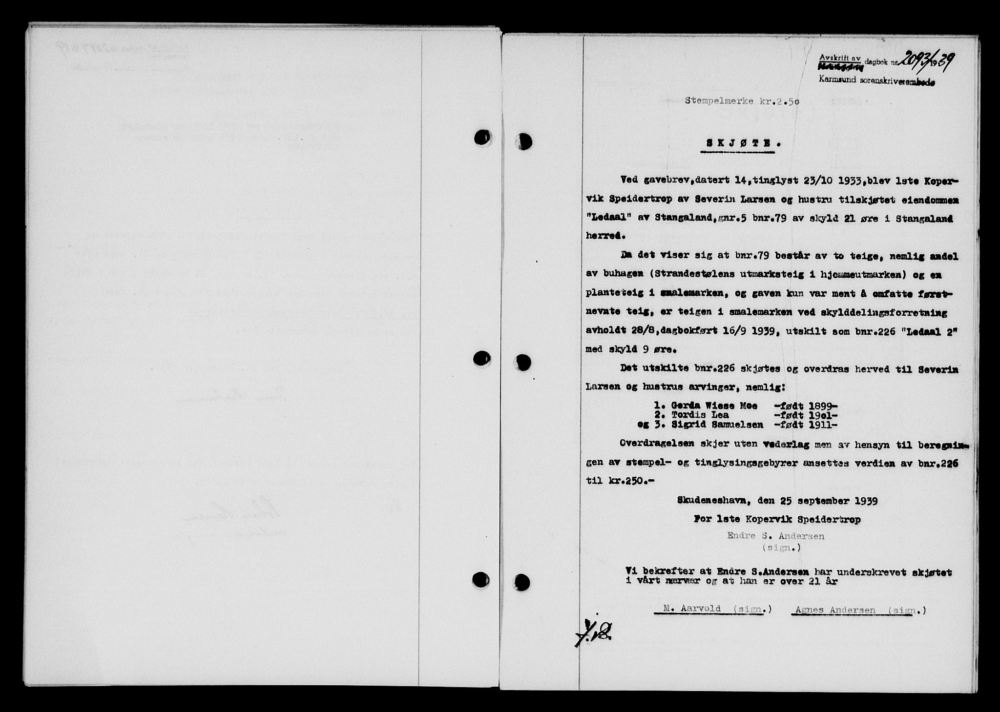 Karmsund sorenskriveri, SAST/A-100311/01/II/IIB/L0072: Pantebok nr. 53A, 1939-1940, Dagboknr: 2093/1939