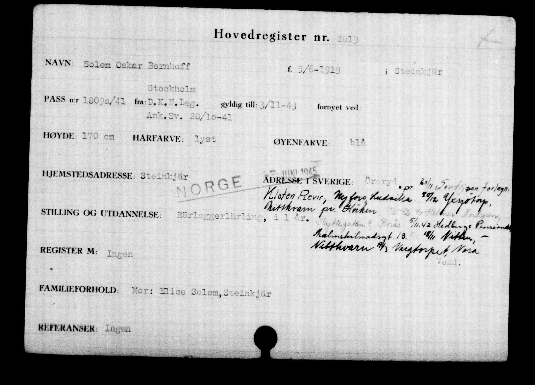 Utenriksstasjonene, Legasjonen i Stockholm, Flyktningkontoret, AV/RA-S-6753/V/Va/L0003: Kjesäterkartoteket, flyktninger med registreringsnr. 2001-3495, 1940-1945, s. 1215