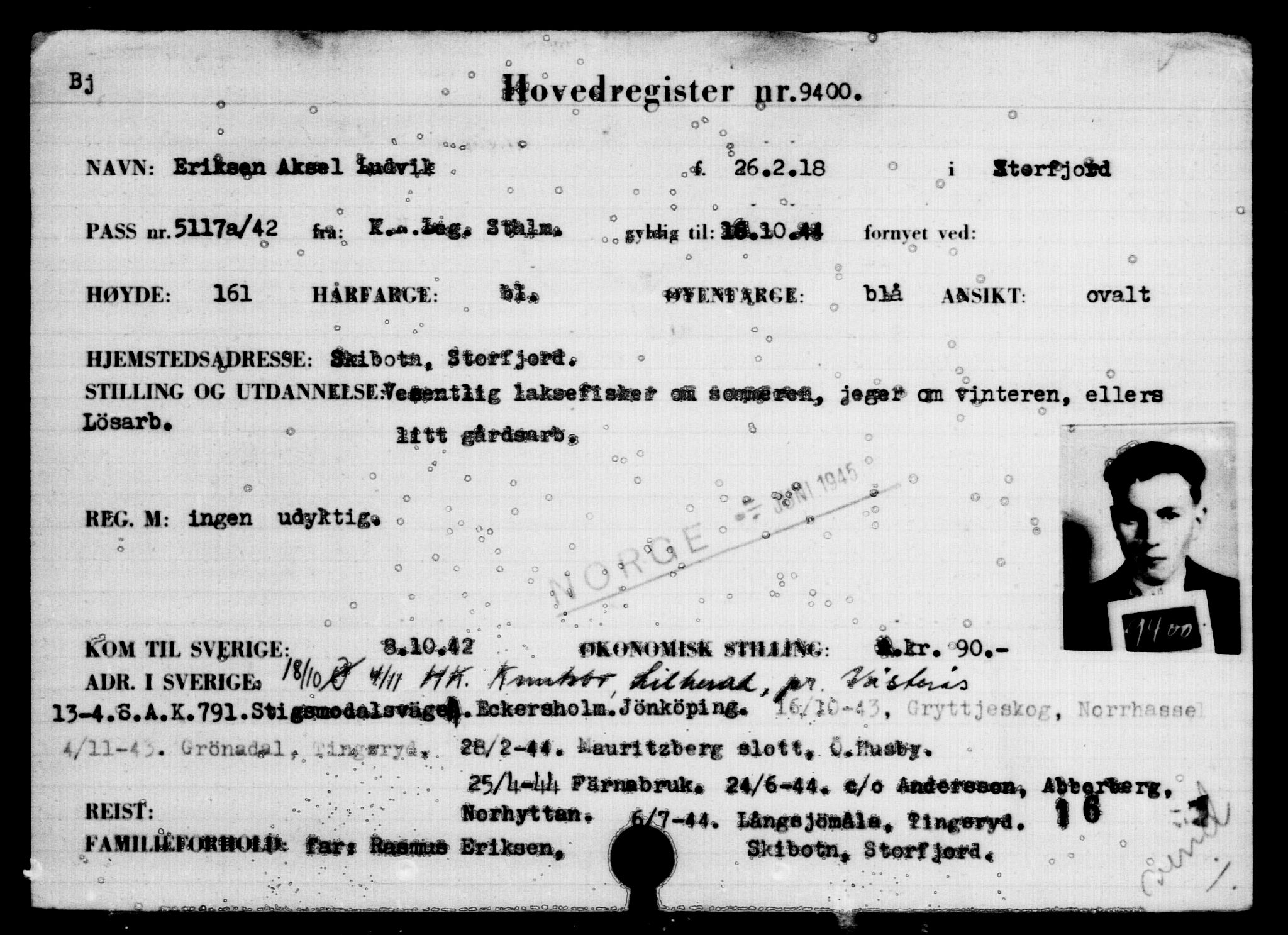 Utenriksstasjonene, Legasjonen i Stockholm, Flyktningkontoret, AV/RA-S-6753/V/Va/L0006: Kjesäterkartoteket, flyktninger med registreringsnr. 9400-12711, 1940-1945, s. 1