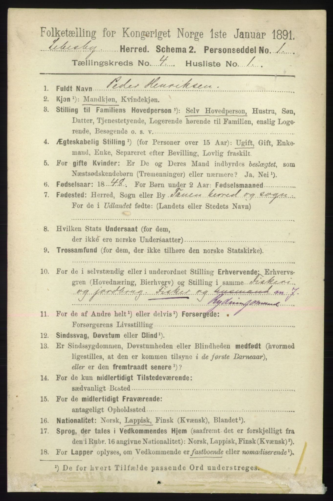 RA, Folketelling 1891 for 2022 Lebesby herred, 1891, s. 1077