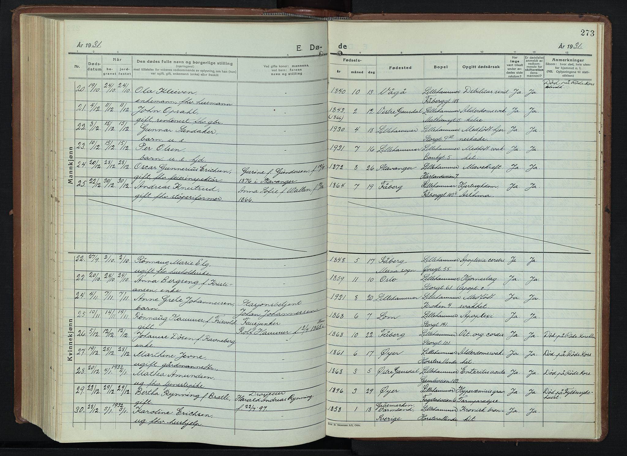 Lillehammer prestekontor, AV/SAH-PREST-088/H/Ha/Hab/L0003: Klokkerbok nr. 3, 1927-1943, s. 273