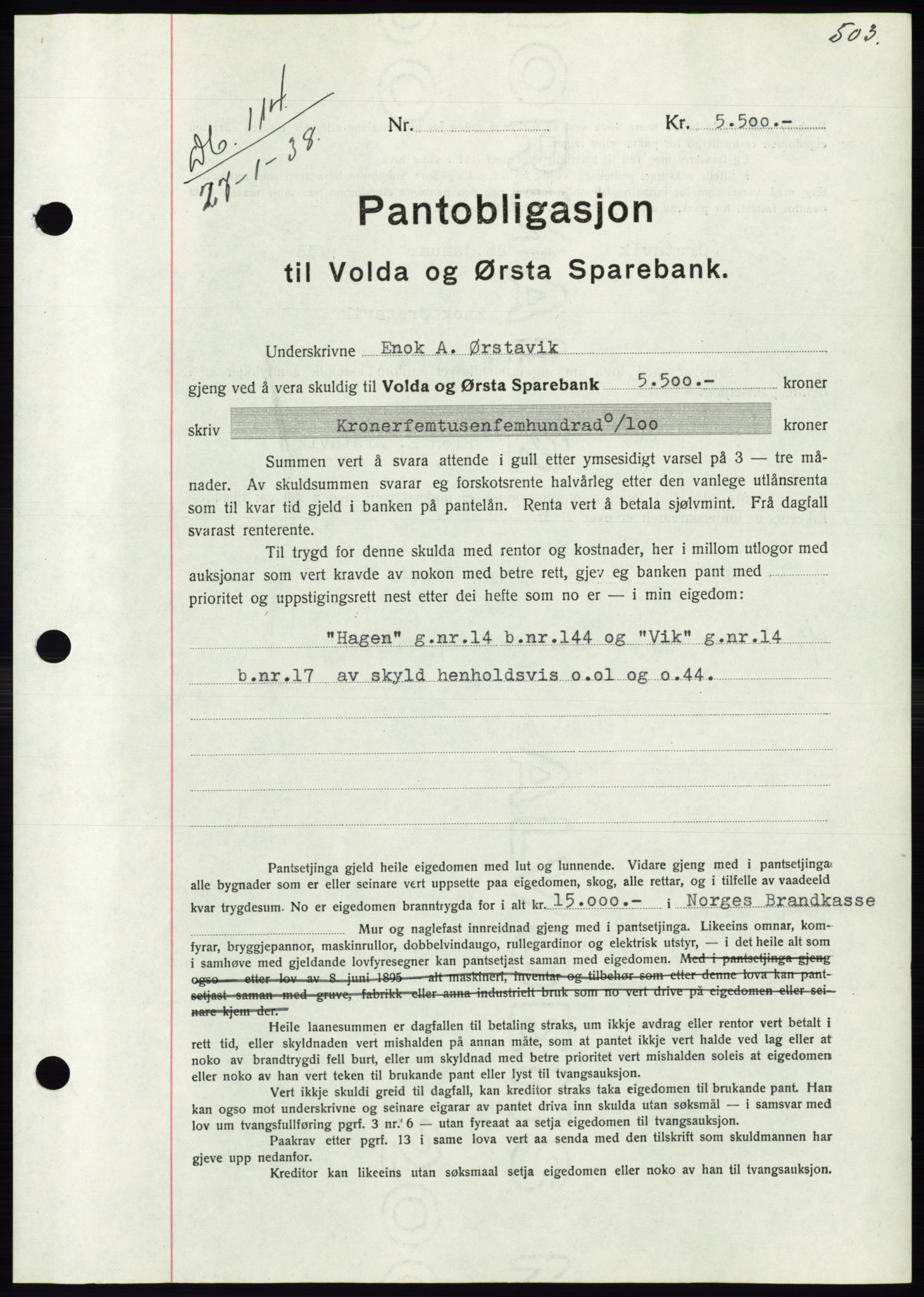 Søre Sunnmøre sorenskriveri, SAT/A-4122/1/2/2C/L0064: Pantebok nr. 58, 1937-1938, Dagboknr: 114/1938