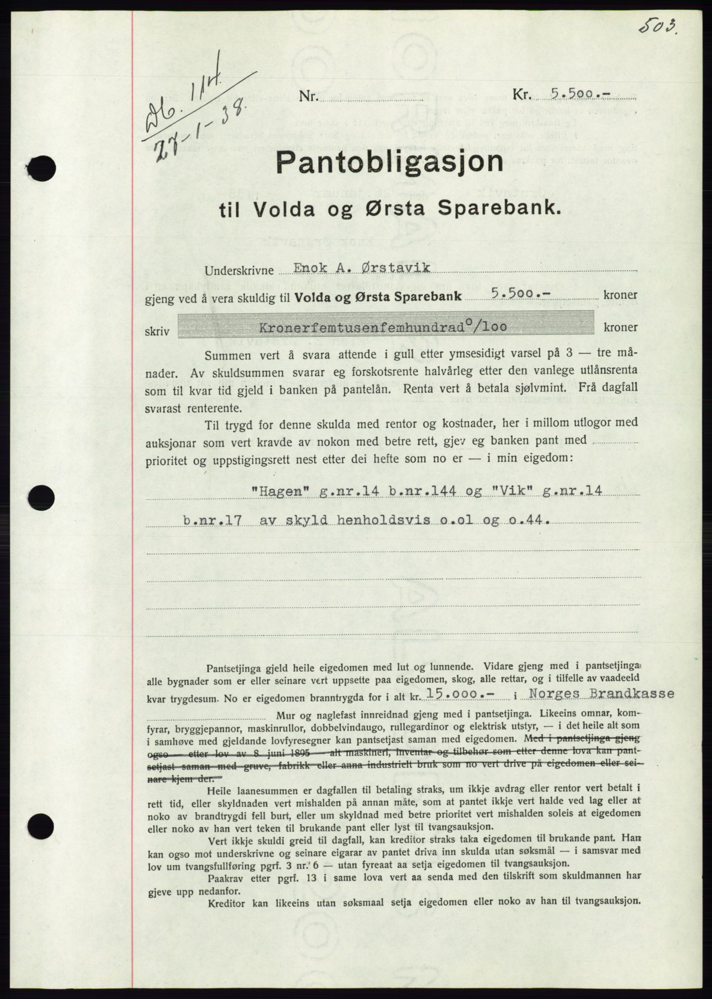 Søre Sunnmøre sorenskriveri, AV/SAT-A-4122/1/2/2C/L0064: Pantebok nr. 58, 1937-1938, Dagboknr: 114/1938