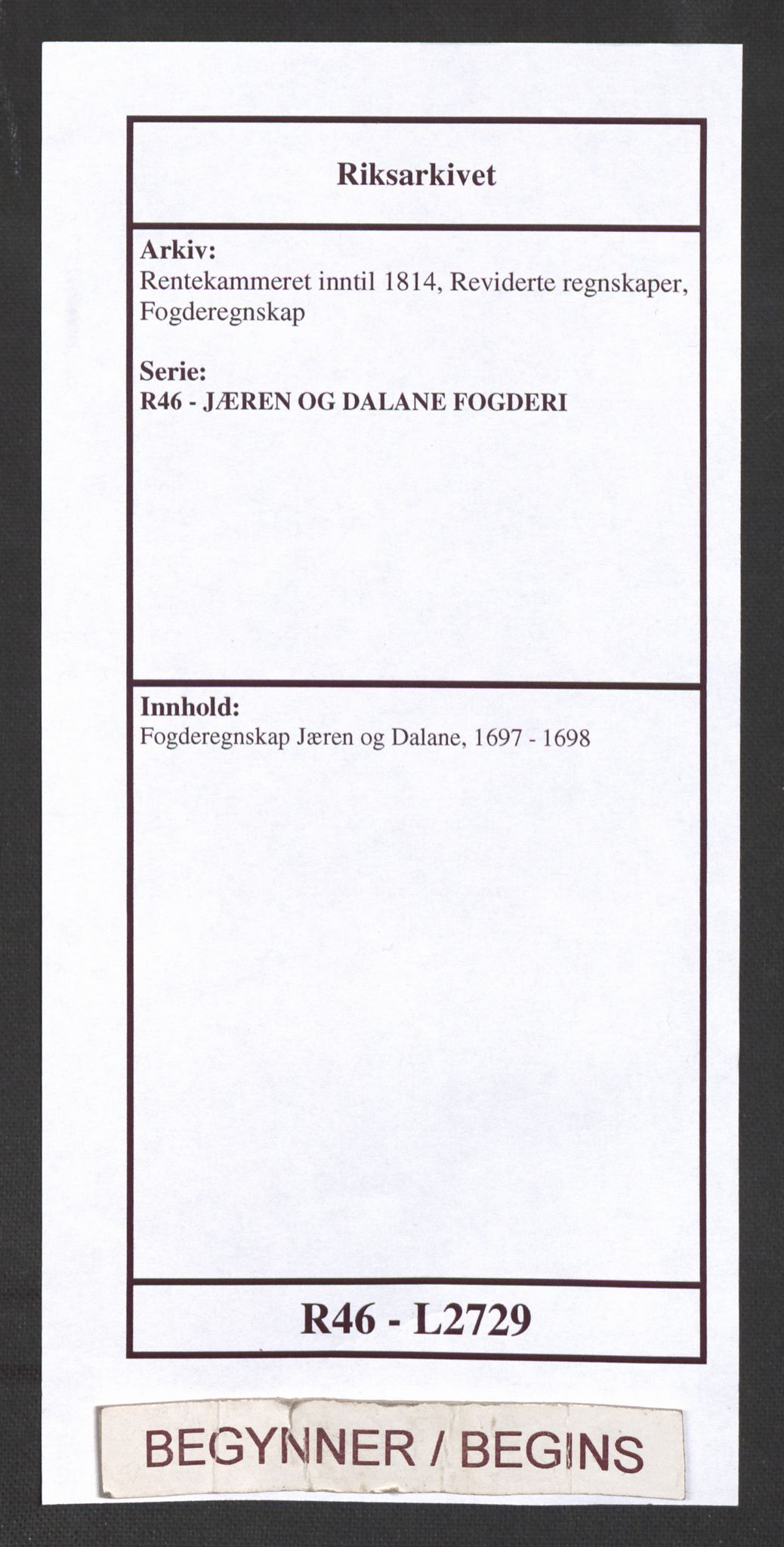 Rentekammeret inntil 1814, Reviderte regnskaper, Fogderegnskap, RA/EA-4092/R46/L2729: Fogderegnskap Jæren og Dalane, 1697-1698, s. 1