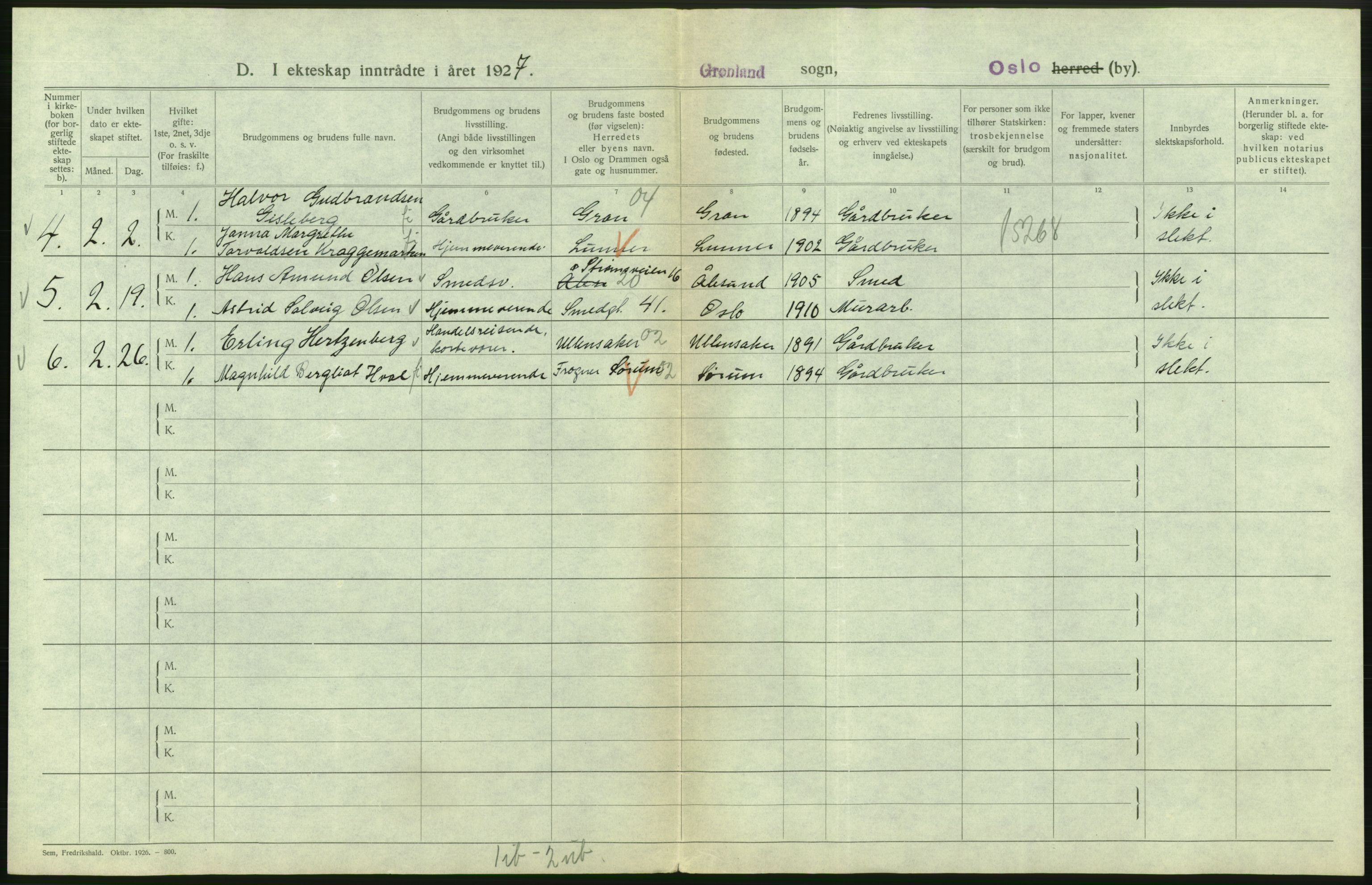 Statistisk sentralbyrå, Sosiodemografiske emner, Befolkning, RA/S-2228/D/Df/Dfc/Dfcg/L0008: Oslo: Gifte, 1927, s. 480