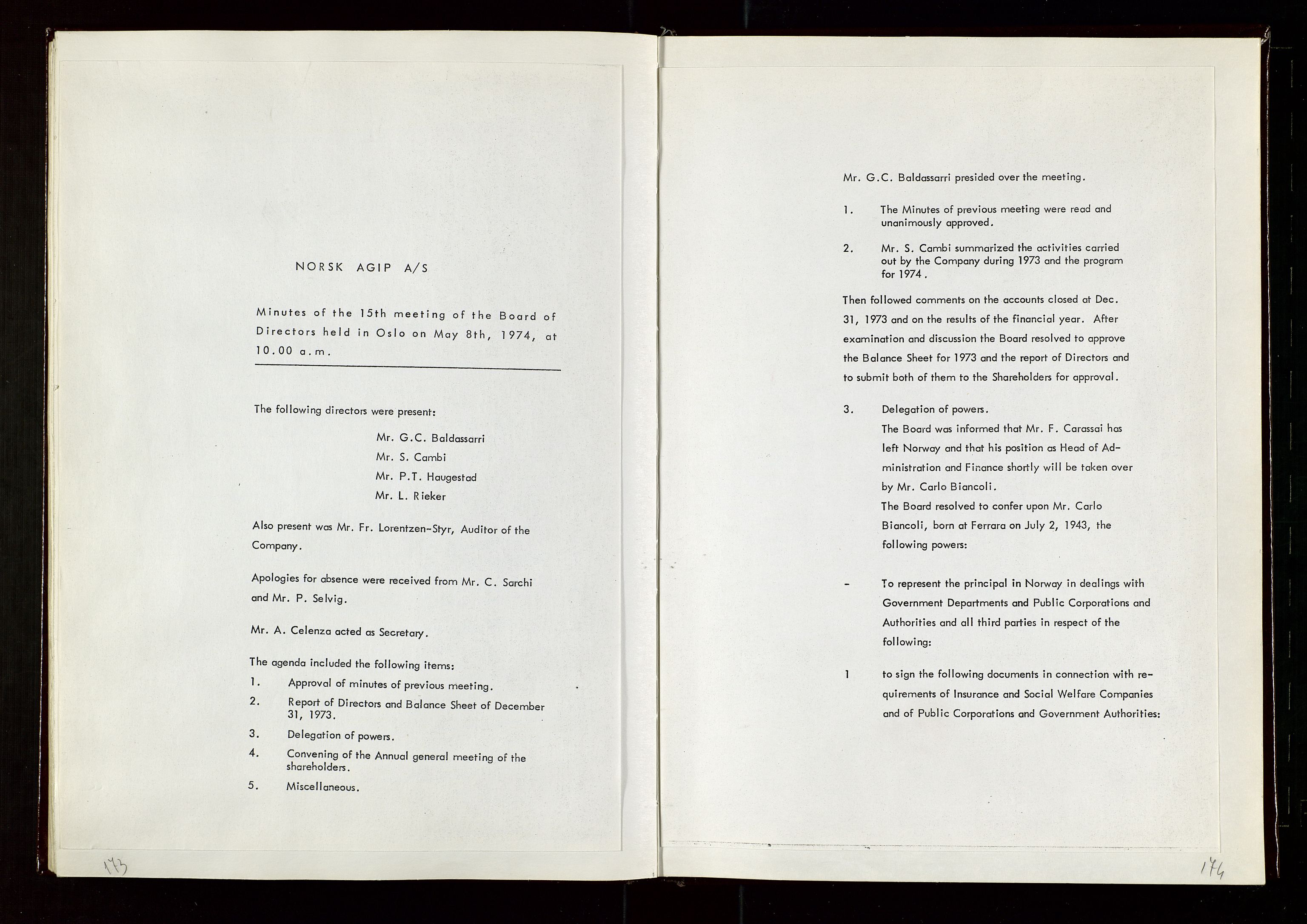 Pa 1583 - Norsk Agip AS, SAST/A-102138/A/Aa/L0002: General assembly and Board of Directors meeting minutes, 1972-1979, s. 173-174