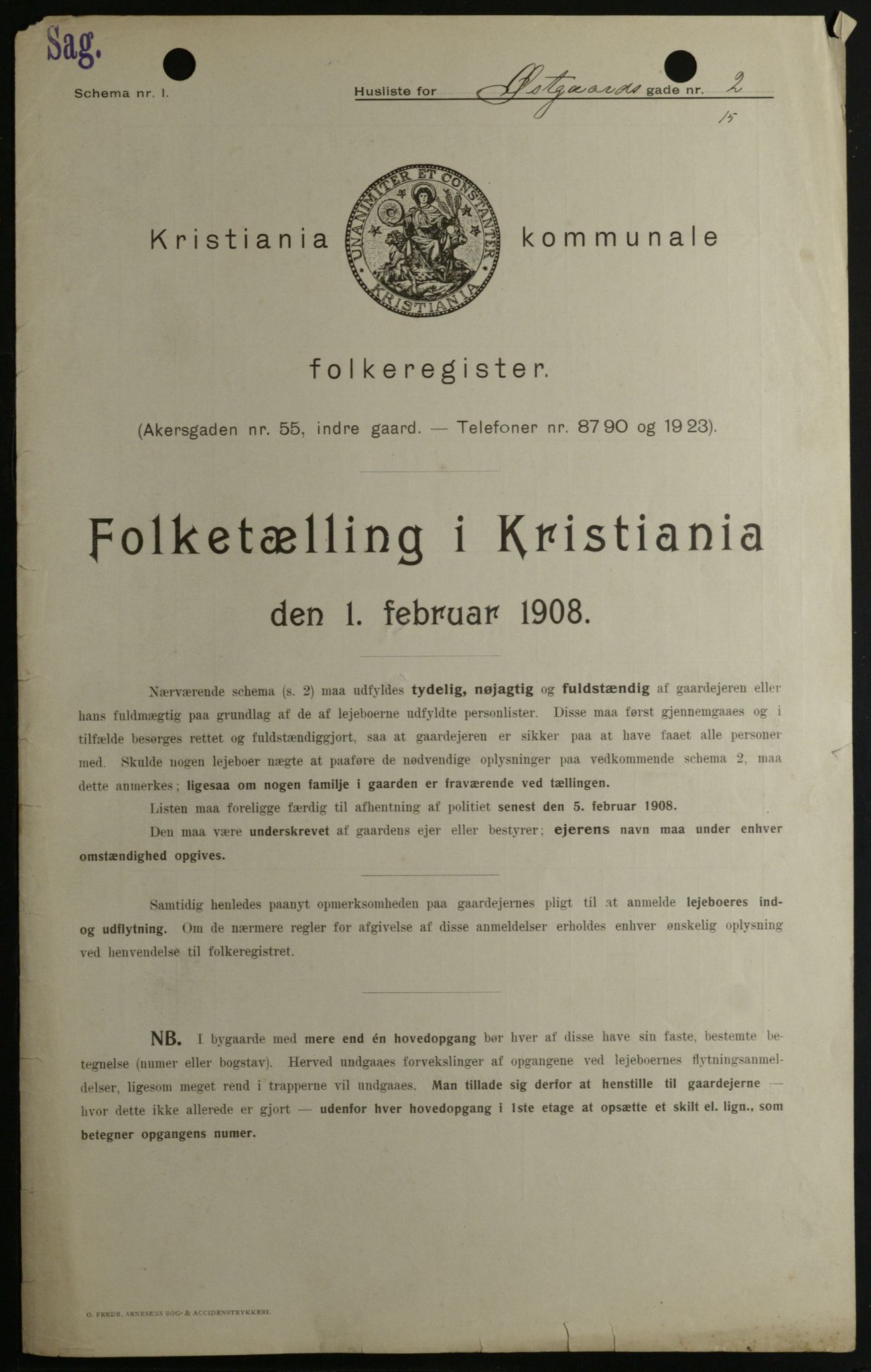 OBA, Kommunal folketelling 1.2.1908 for Kristiania kjøpstad, 1908, s. 115906