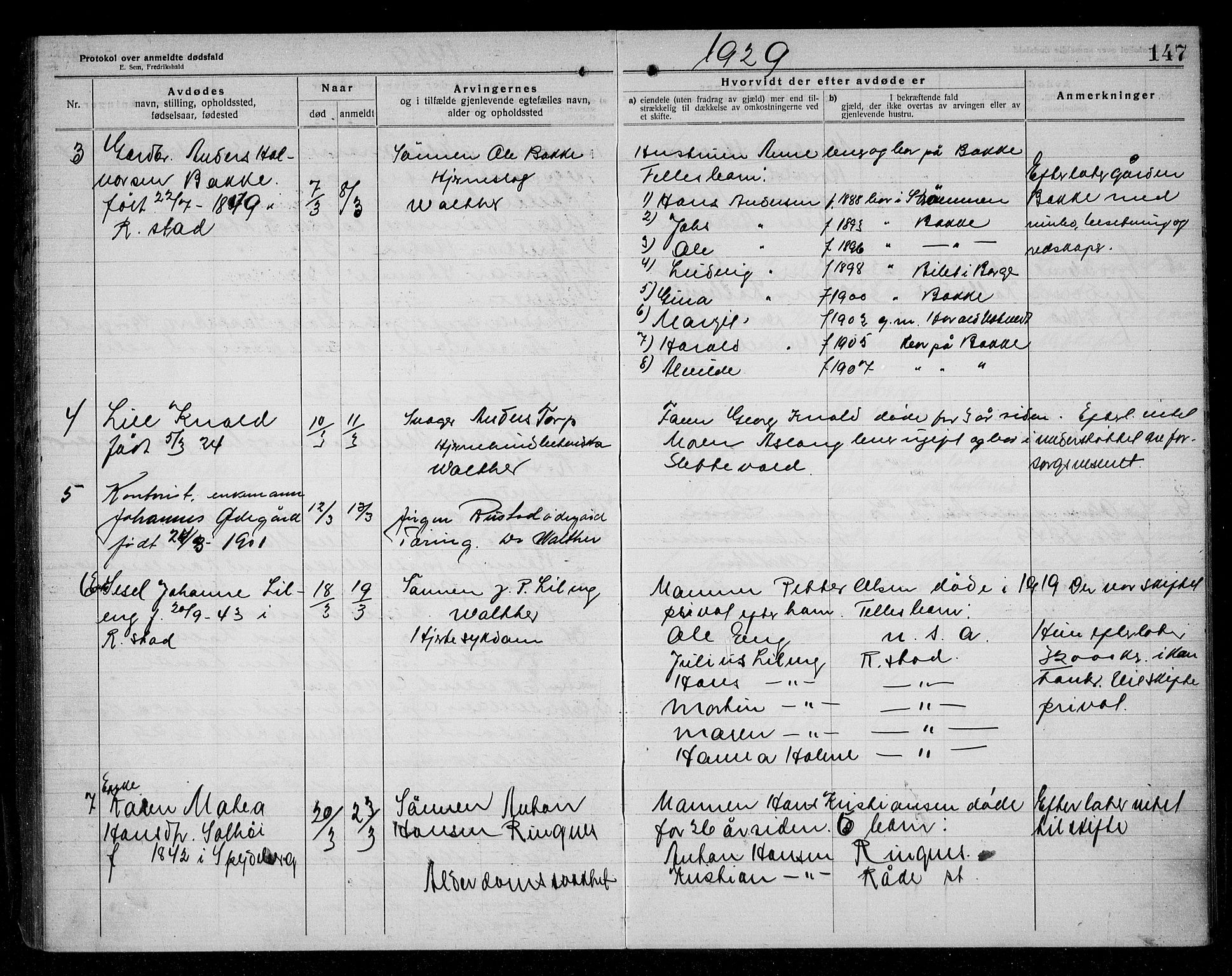 Rakkestad lensmannskontor, AV/SAO-A-10004/H/Ha/Haa/L0004: Dødsanmeldelsesprotokoll, 1920-1931, s. 147