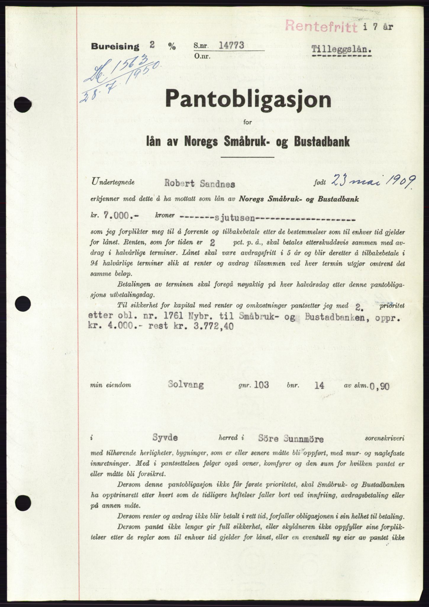 Søre Sunnmøre sorenskriveri, SAT/A-4122/1/2/2C/L0119: Pantebok nr. 7B, 1950-1951, Dagboknr: 1563/1950