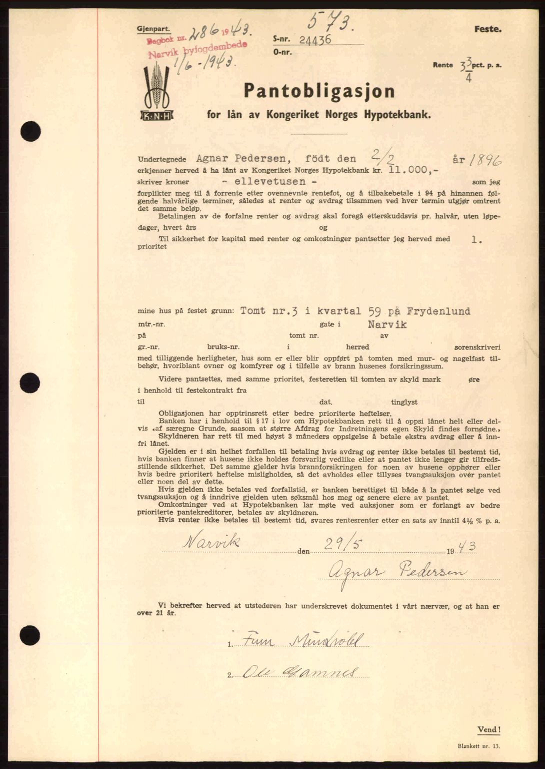 Narvik sorenskriveri, SAT/A-0002/1/2/2C/2Ca: Pantebok nr. A19, 1942-1943, Dagboknr: 286/1943