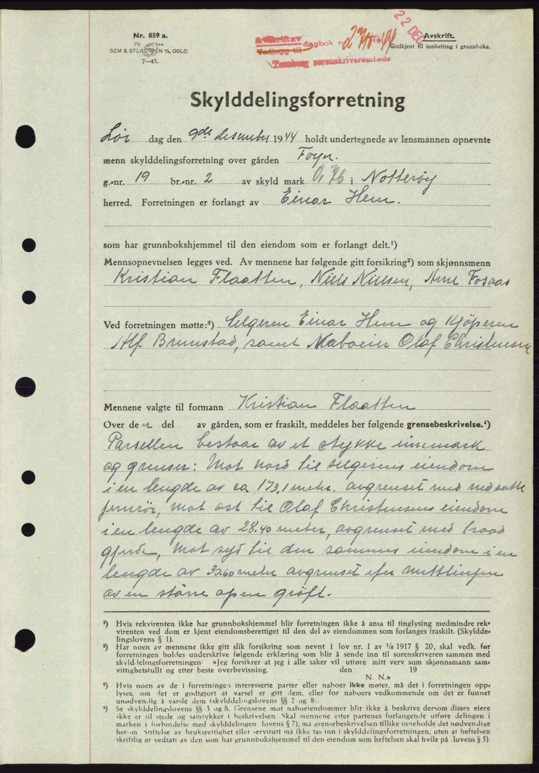 Tønsberg sorenskriveri, AV/SAKO-A-130/G/Ga/Gaa/L0016: Pantebok nr. A16, 1944-1945, Dagboknr: 2710/1944
