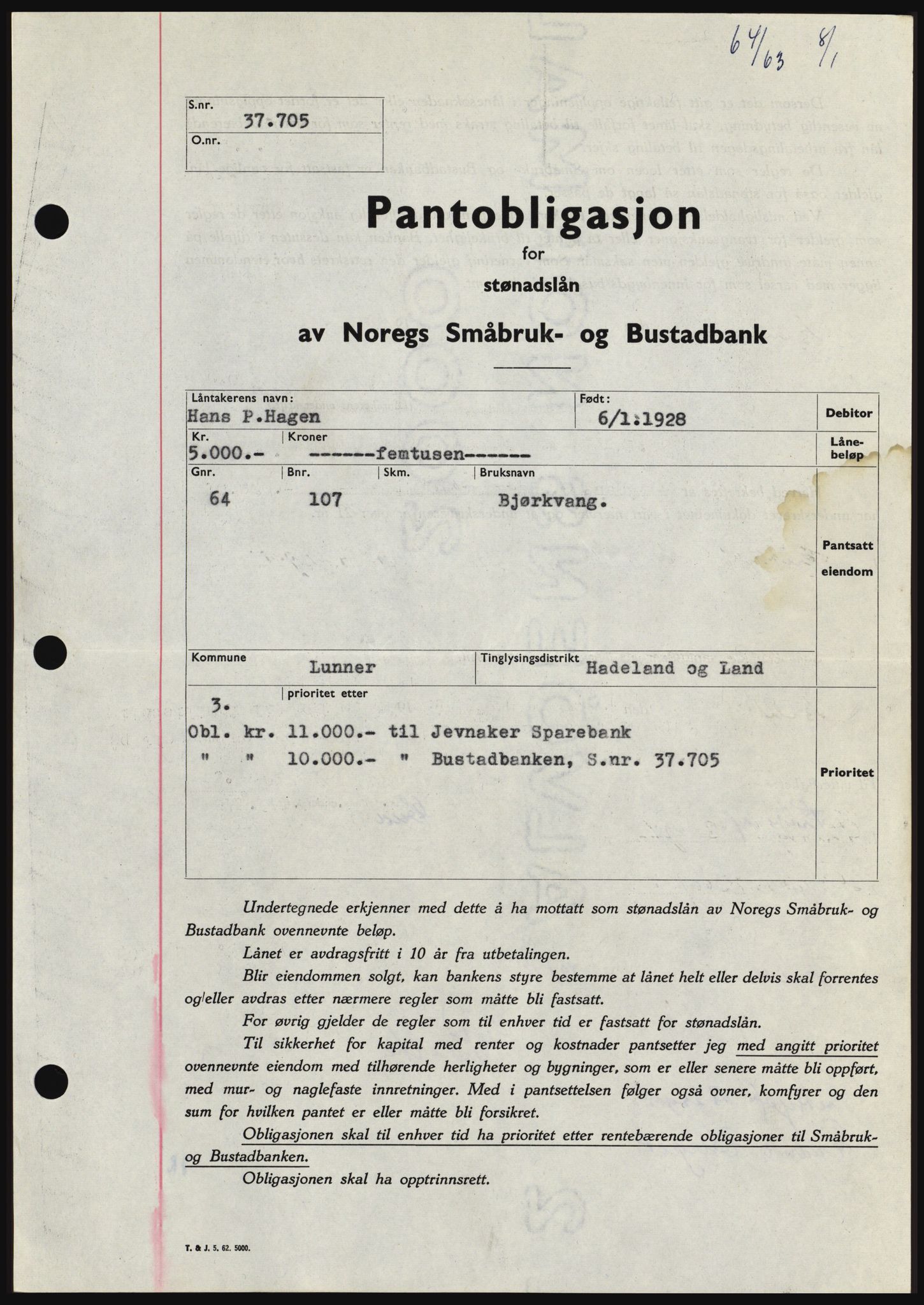 Hadeland og Land tingrett, SAH/TING-010/H/Hb/Hbc/L0050: Pantebok nr. B50, 1962-1963, Dagboknr: 64/1963