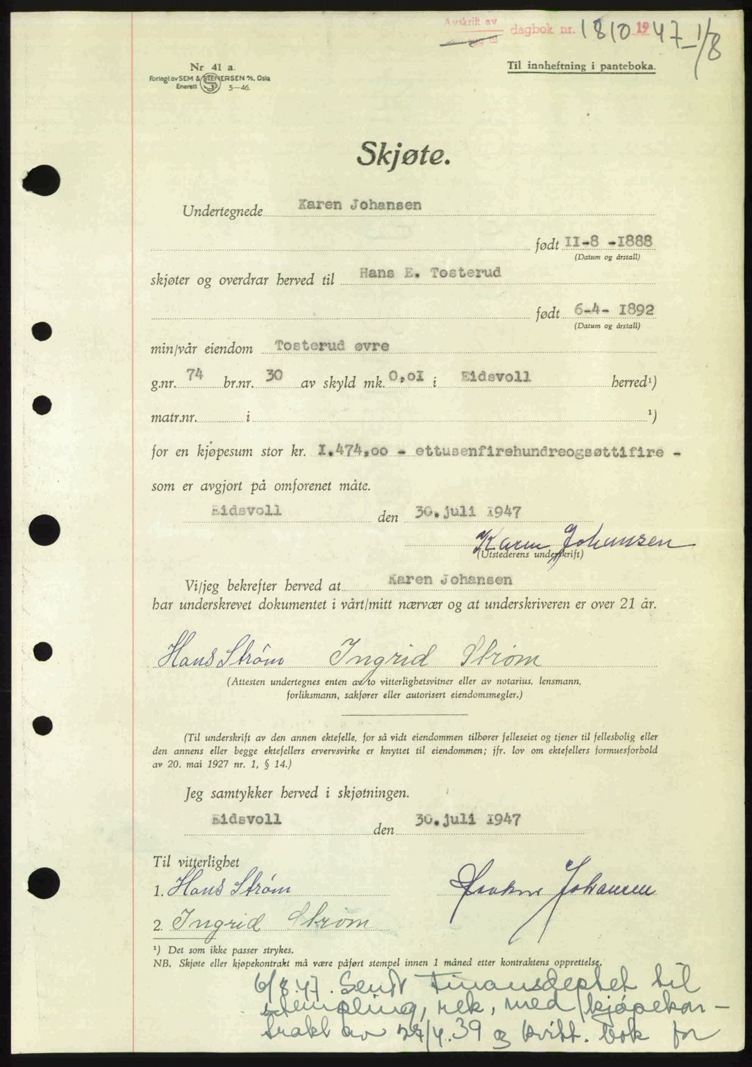 Eidsvoll tingrett, SAO/A-10371/G/Gb/Gbb/L0017: Pantebok nr. A45, 1947-1947, Dagboknr: 1810/1947