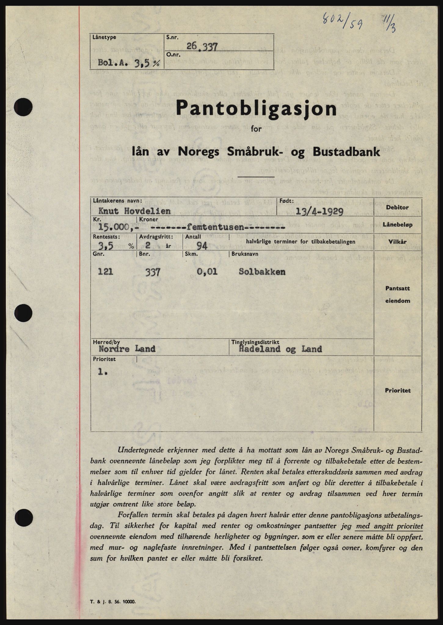 Hadeland og Land tingrett, SAH/TING-010/H/Hb/Hbc/L0040: Pantebok nr. B40, 1959-1959, Dagboknr: 802/1959