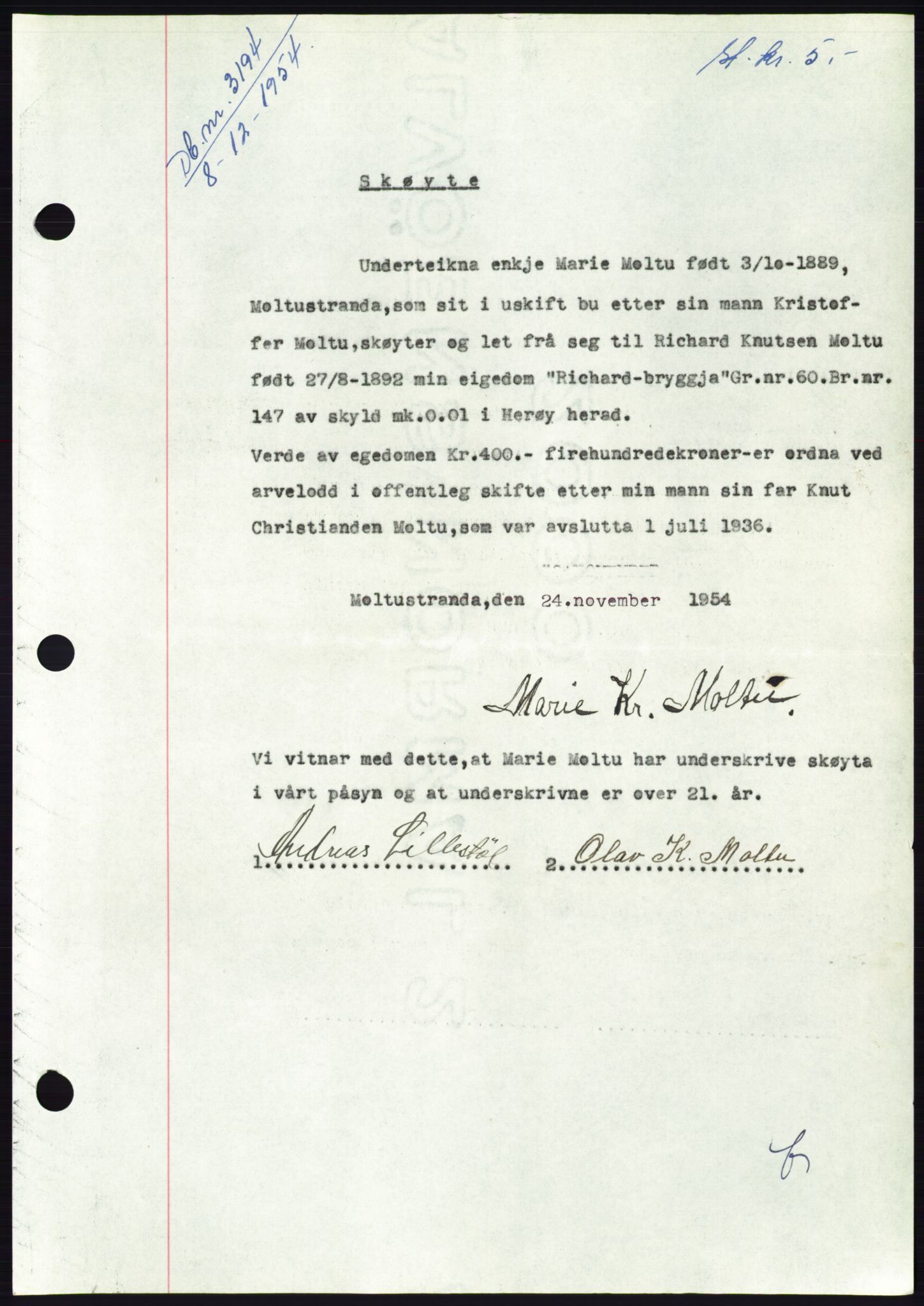 Søre Sunnmøre sorenskriveri, AV/SAT-A-4122/1/2/2C/L0099: Pantebok nr. 25A, 1954-1954, Dagboknr: 3194/1954