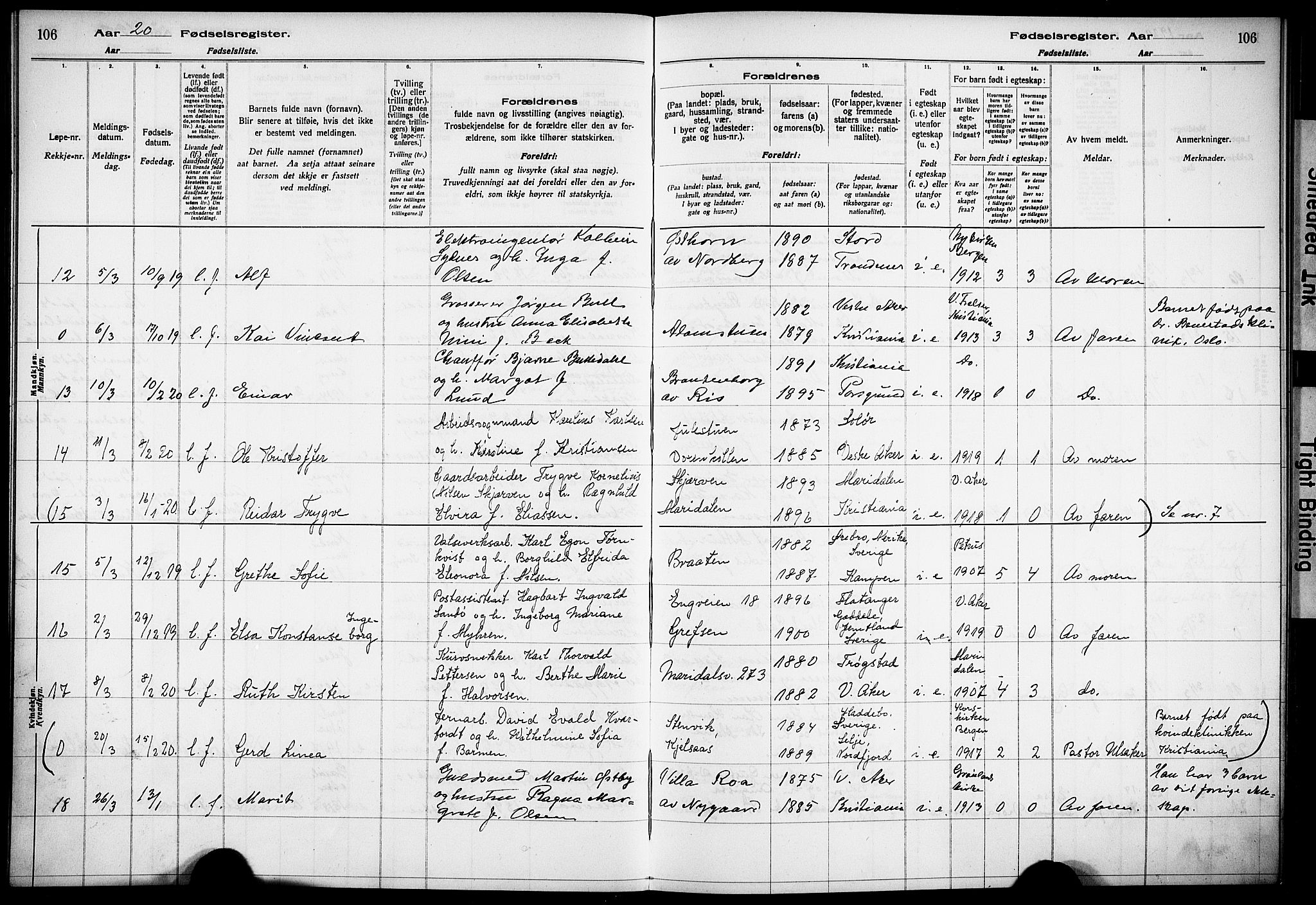 Vestre Aker prestekontor Kirkebøker, SAO/A-10025/J/Ja/L0001: Fødselsregister nr. 1, 1916-1922, s. 106