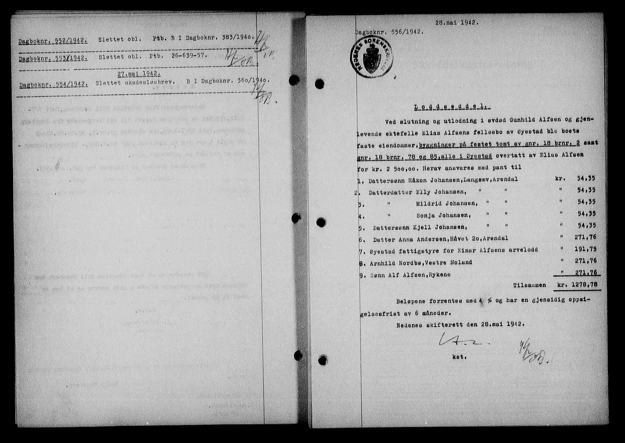 Nedenes sorenskriveri, SAK/1221-0006/G/Gb/Gba/L0049: Pantebok nr. A-III, 1941-1942, Dagboknr: 556/1942