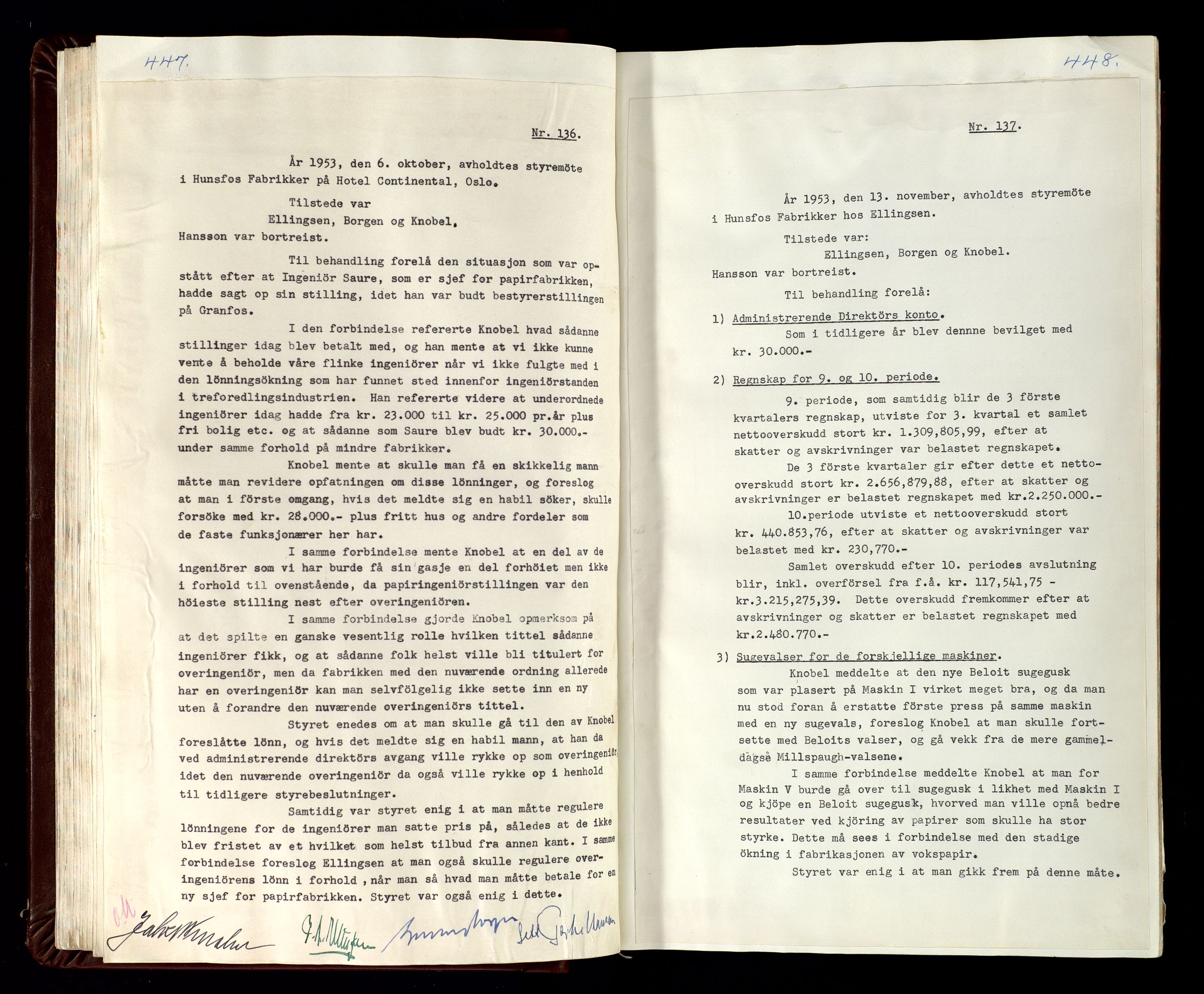 Hunsfos fabrikker, SAK/D/1440/02/L0007: Referatprotokoll fra styremøter (møte nr 114-221), 1951-1964, s. 447-448