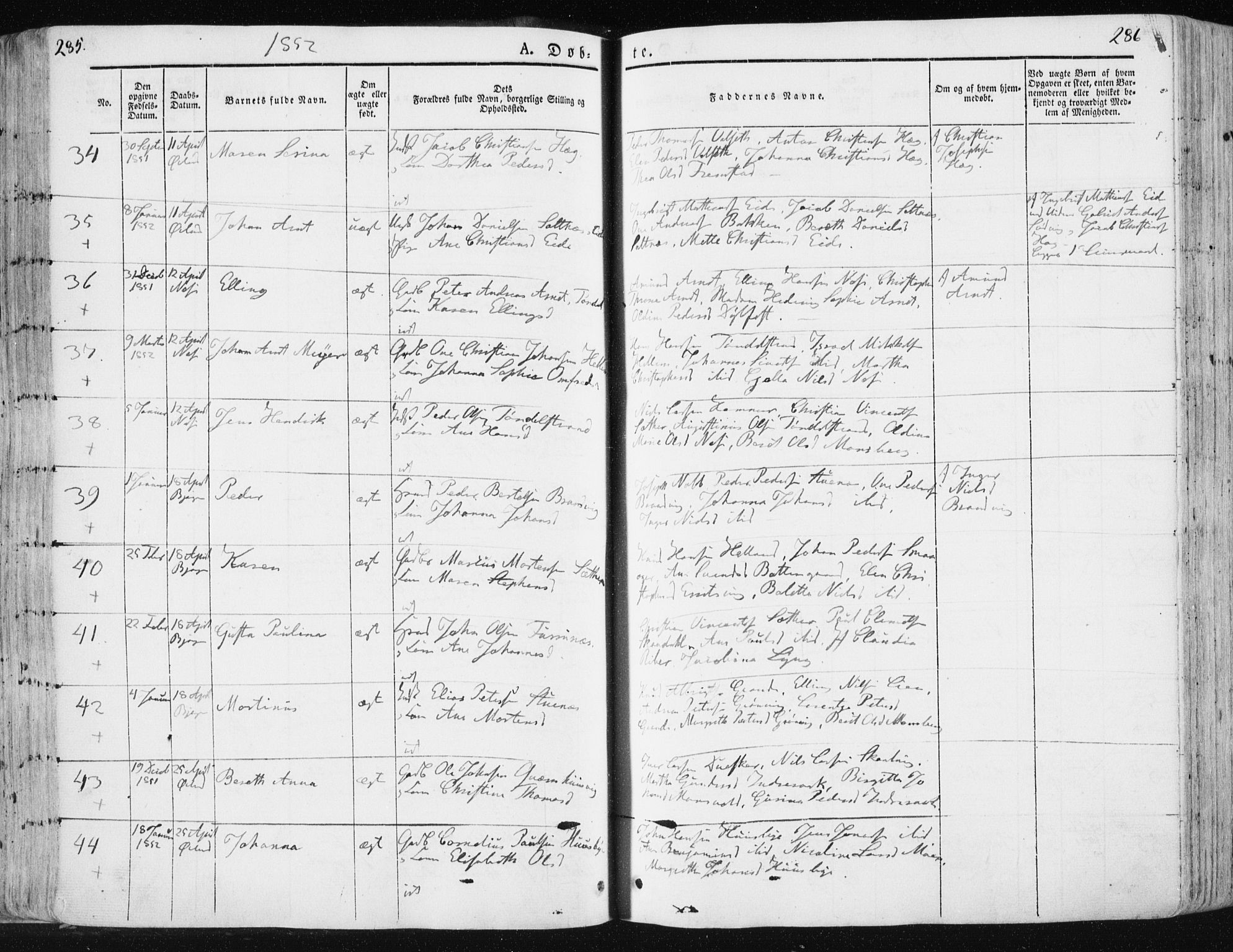Ministerialprotokoller, klokkerbøker og fødselsregistre - Sør-Trøndelag, SAT/A-1456/659/L0736: Ministerialbok nr. 659A06, 1842-1856, s. 285-286
