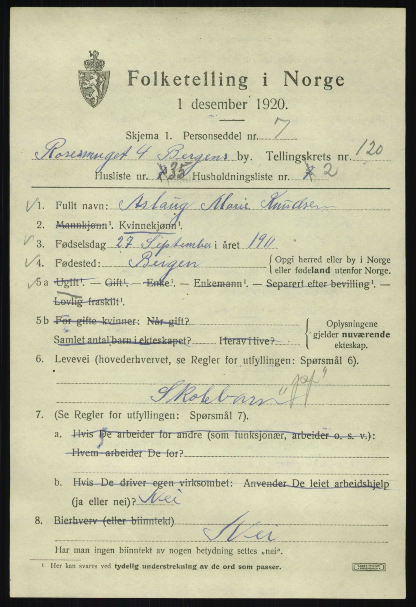 SAB, Folketelling 1920 for 1301 Bergen kjøpstad, 1920, s. 202038