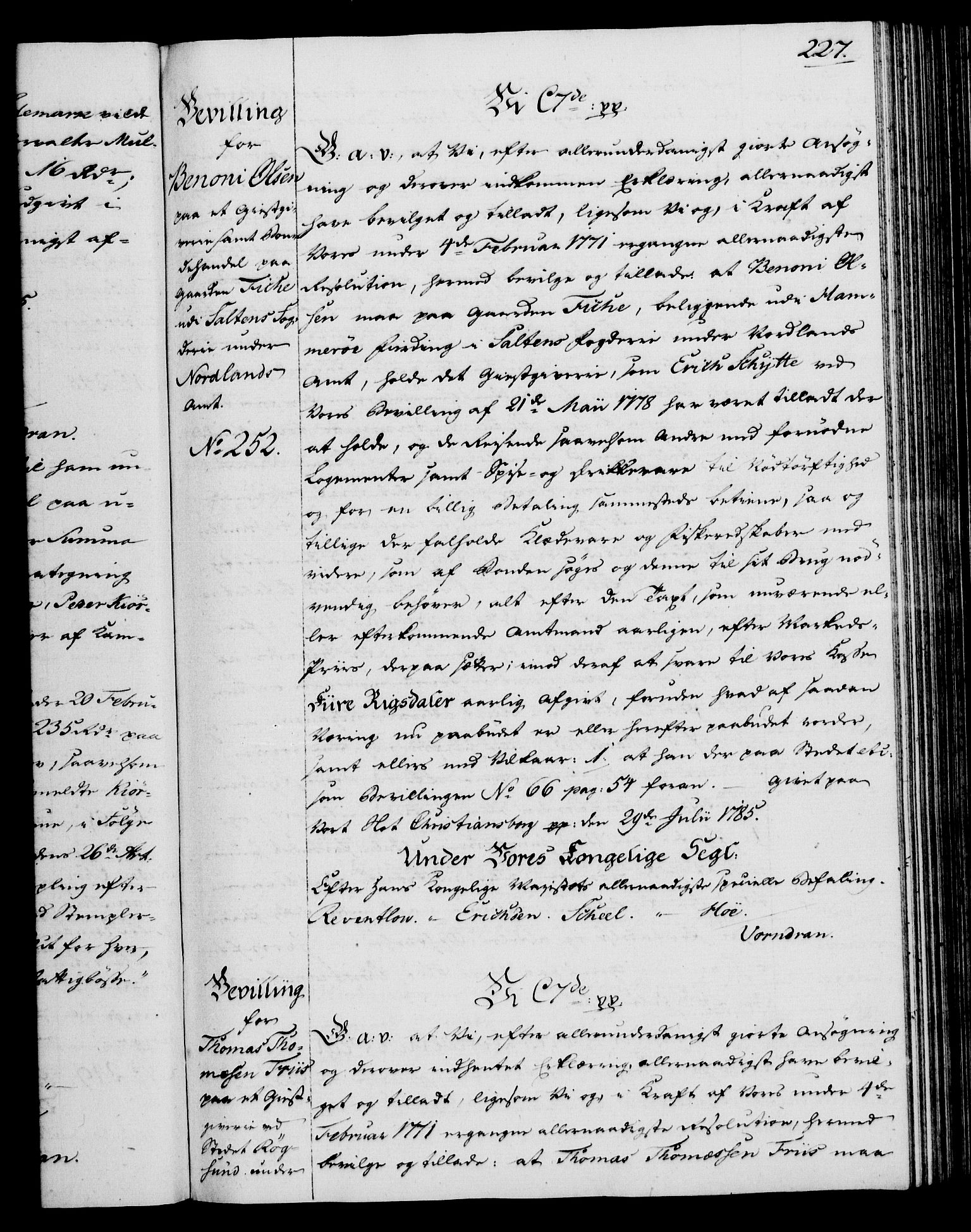 Rentekammeret, Kammerkanselliet, RA/EA-3111/G/Gg/Gga/L0013: Norsk ekspedisjonsprotokoll med register (merket RK 53.13), 1784-1787, s. 227