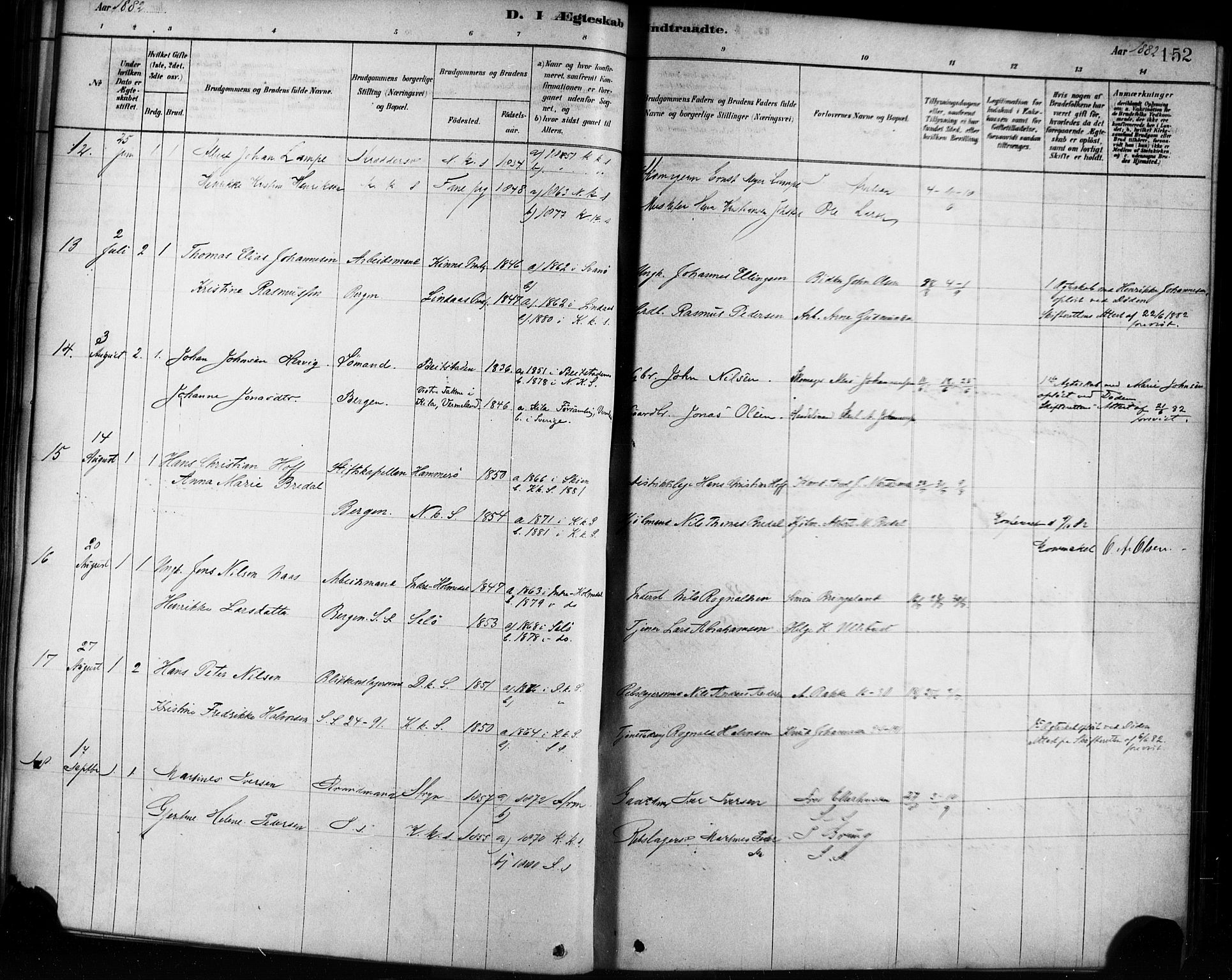 Sandviken Sokneprestembete, AV/SAB-A-77601/H/Ha/L0002: Ministerialbok nr. A 2, 1878-1896, s. 152
