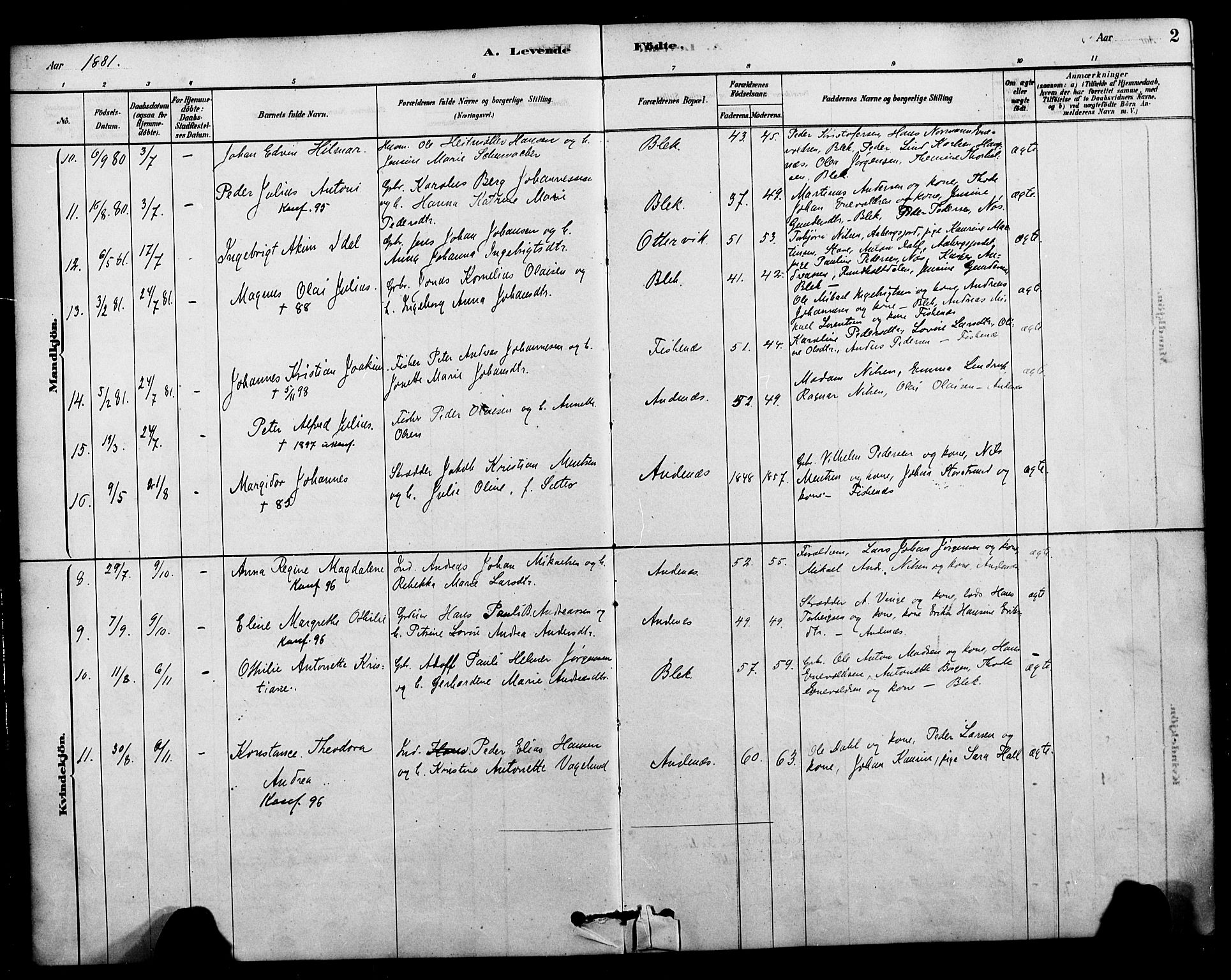 Ministerialprotokoller, klokkerbøker og fødselsregistre - Nordland, AV/SAT-A-1459/899/L1436: Ministerialbok nr. 899A04, 1881-1896, s. 2