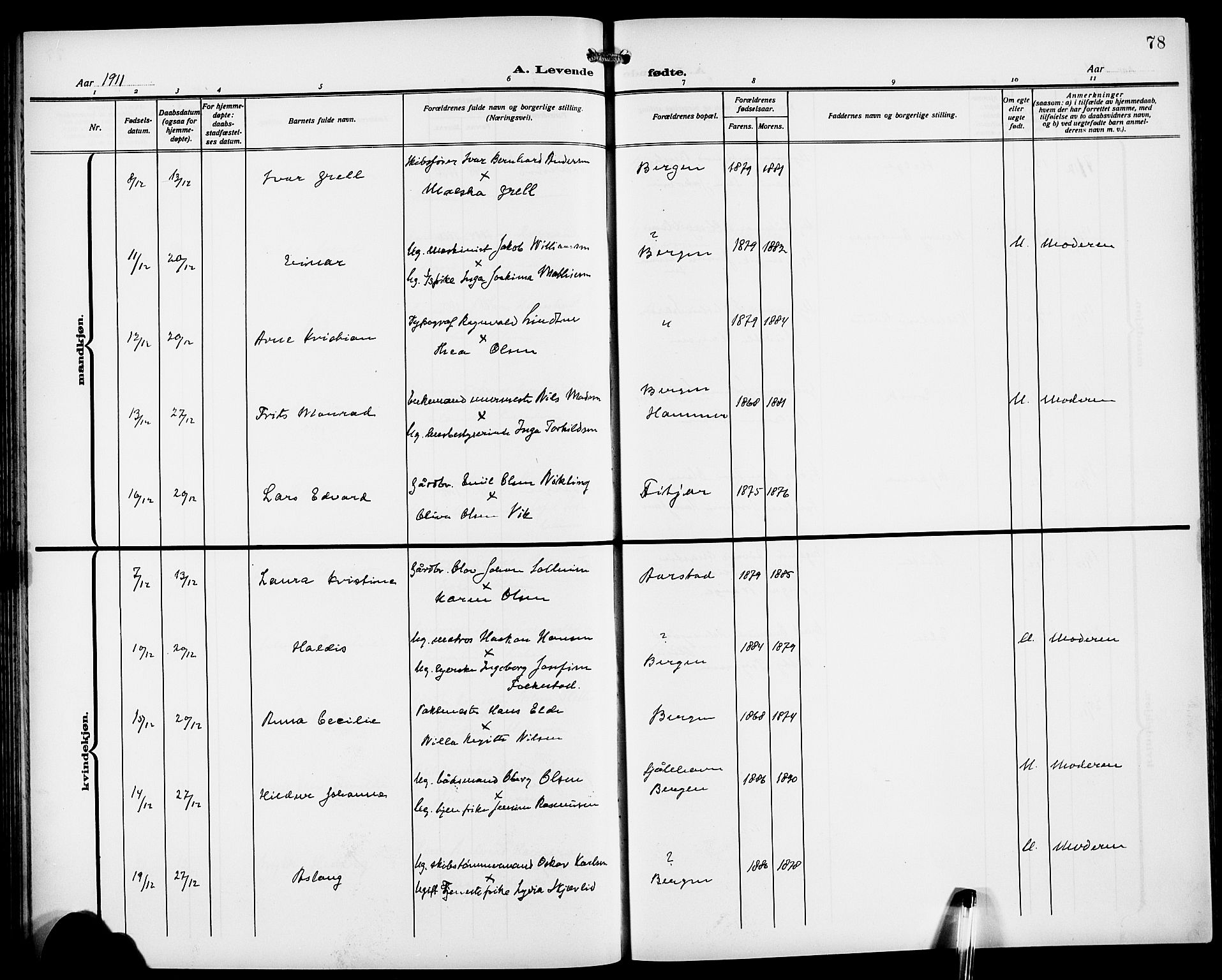 Fødselsstiftelsens sokneprestembete*, SAB/-: Klokkerbok nr. A 2, 1909-1916, s. 78
