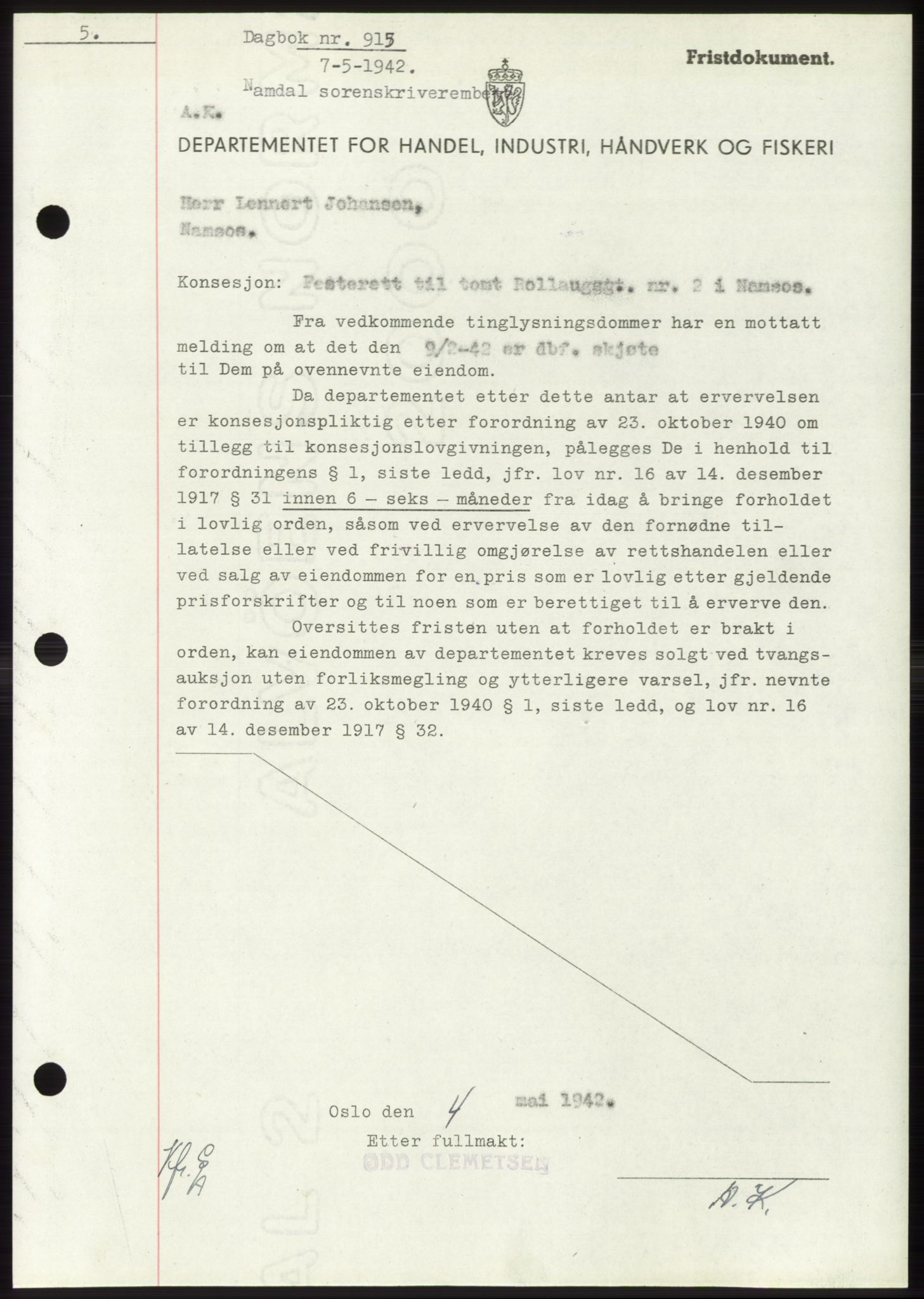 Namdal sorenskriveri, SAT/A-4133/1/2/2C: Pantebok nr. -, 1941-1942, Dagboknr: 915/1942