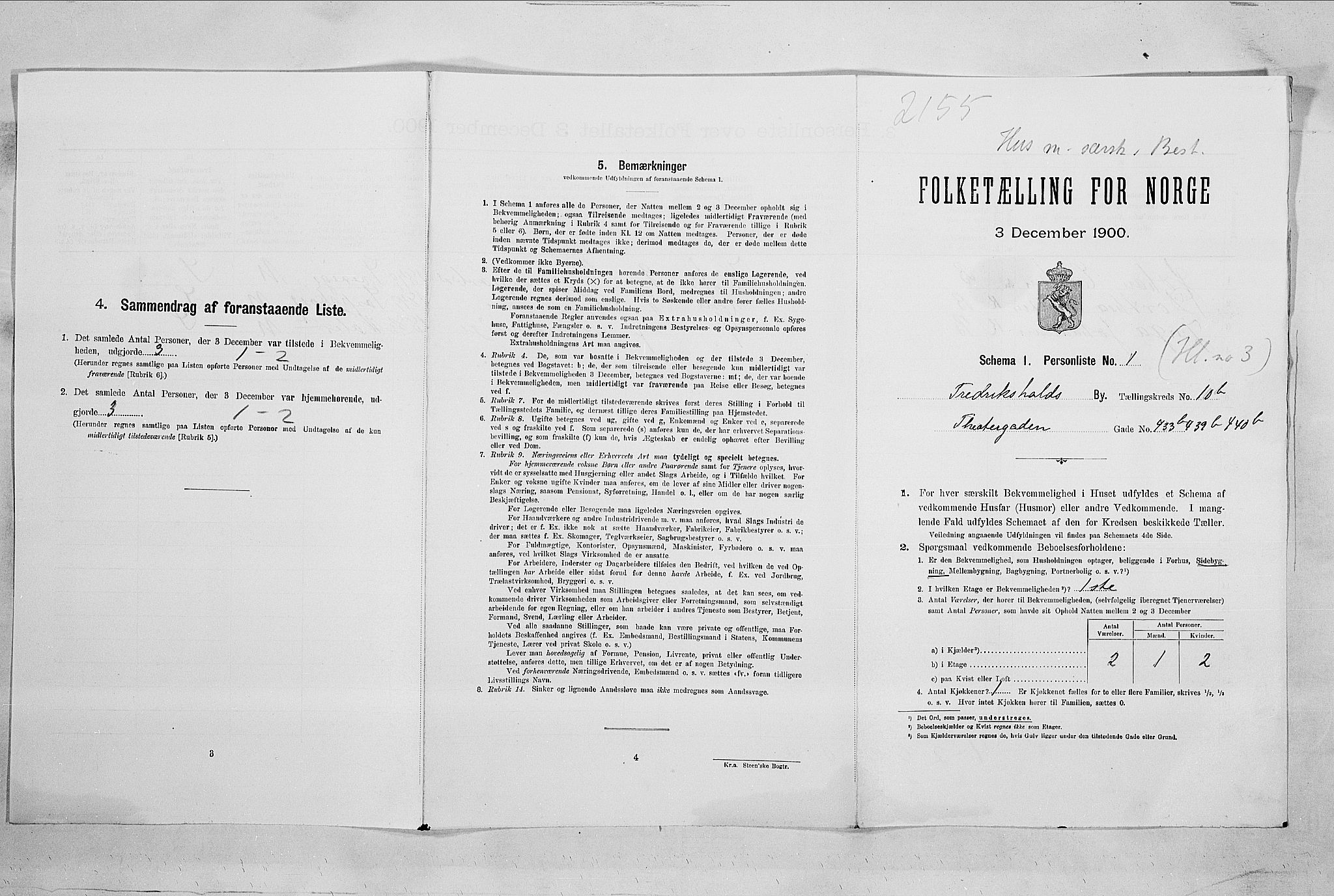 SAO, Folketelling 1900 for 0101 Fredrikshald kjøpstad, 1900