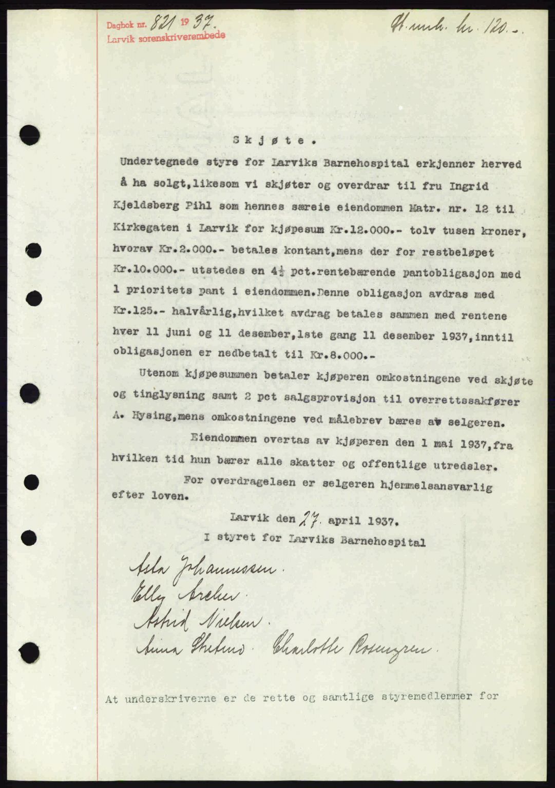 Larvik sorenskriveri, SAKO/A-83/G/Ga/Gab/L0067: Pantebok nr. A-1, 1936-1937, Dagboknr: 821/1937