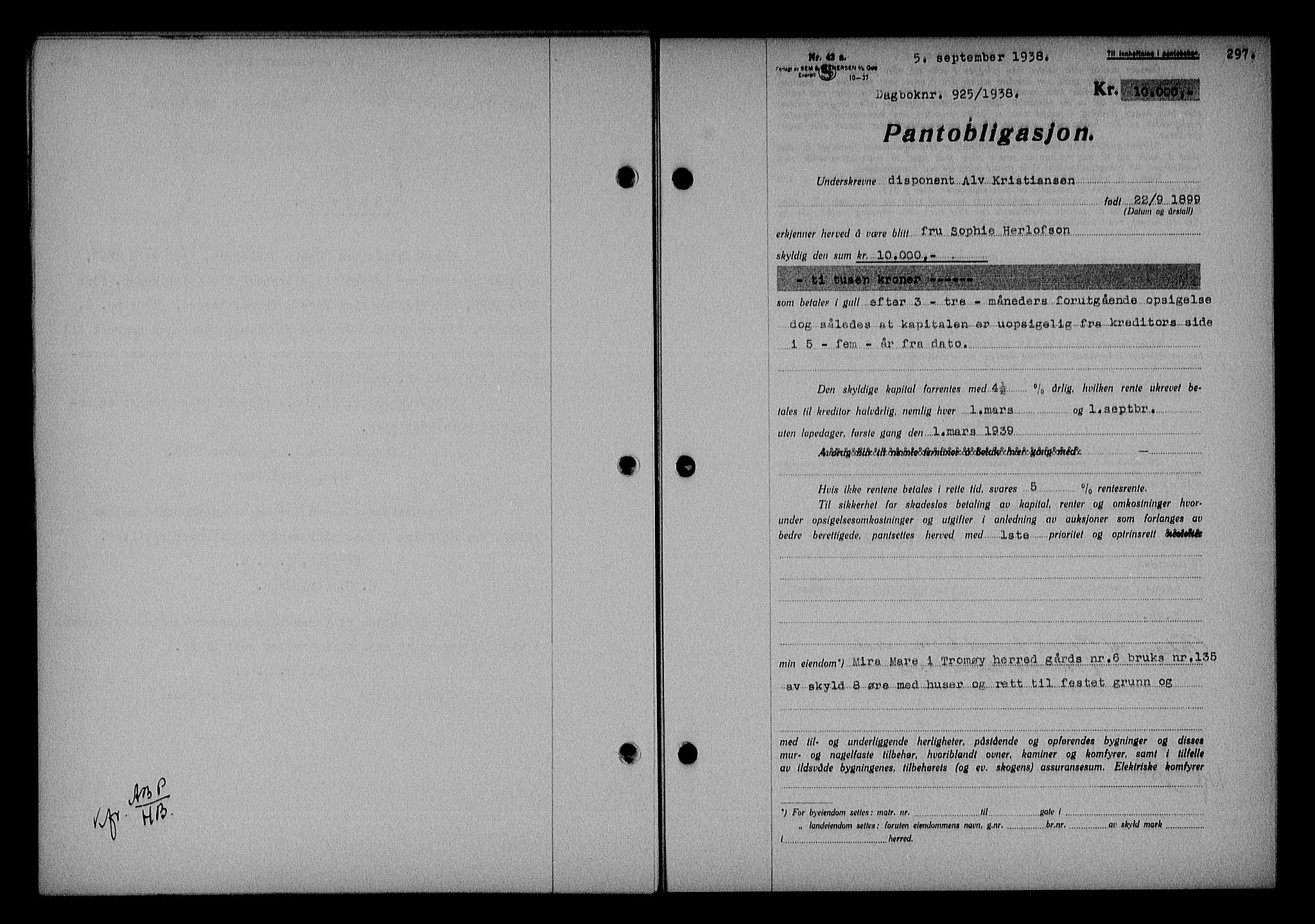 Nedenes sorenskriveri, AV/SAK-1221-0006/G/Gb/Gba/L0045: Pantebok nr. 41, 1938-1938, Dagboknr: 925/1938