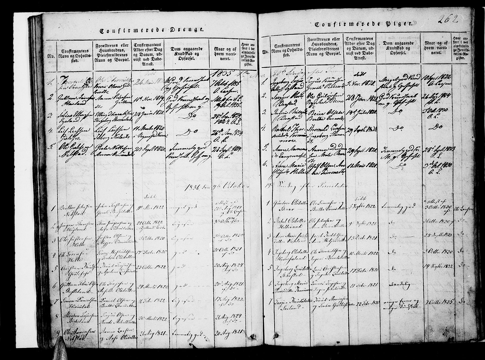 Nord-Audnedal sokneprestkontor, SAK/1111-0032/F/Fb/Fba/L0001: Klokkerbok nr. B 1, 1815-1856, s. 262