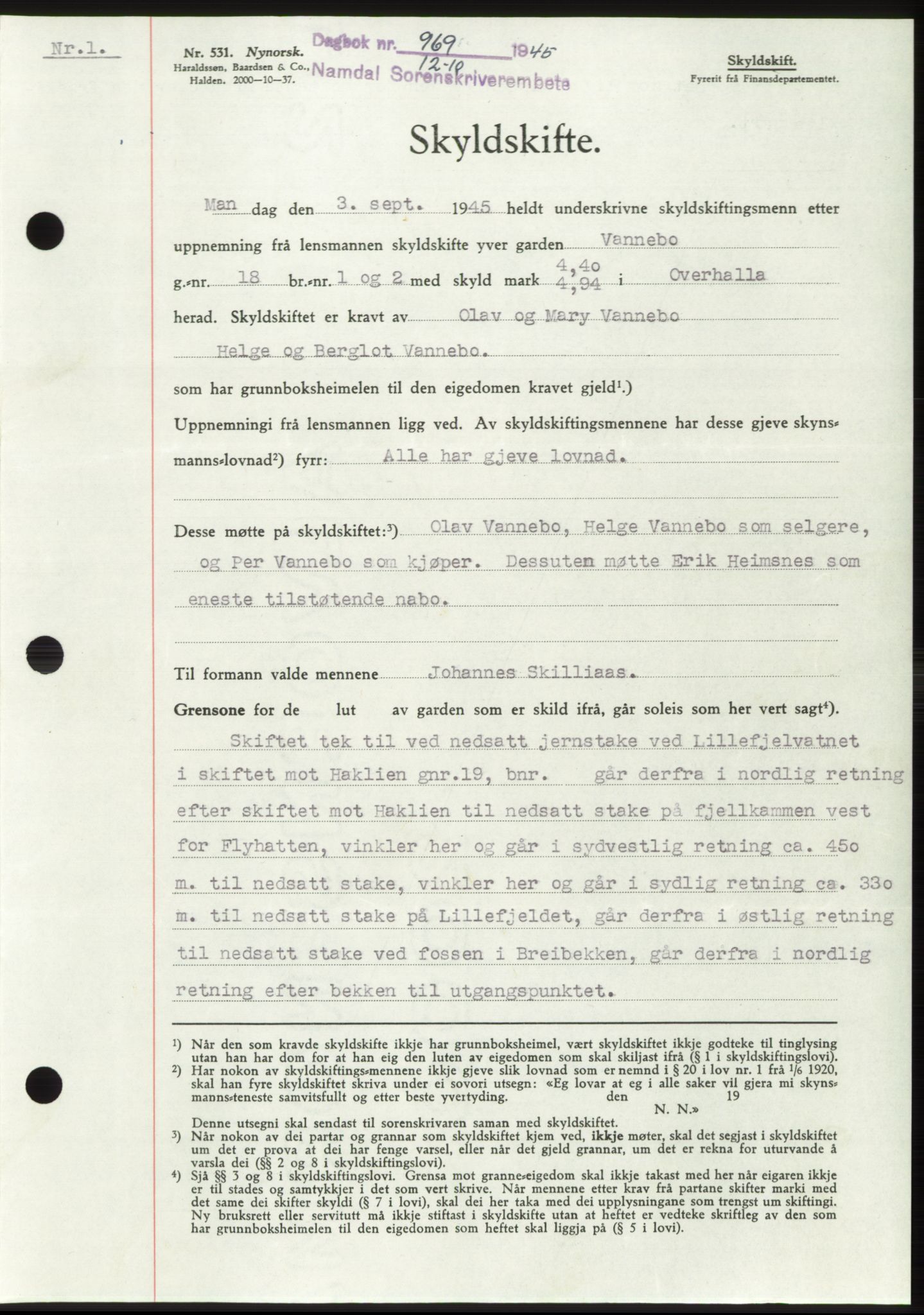 Namdal sorenskriveri, SAT/A-4133/1/2/2C: Pantebok nr. -, 1944-1945, Dagboknr: 969/1945