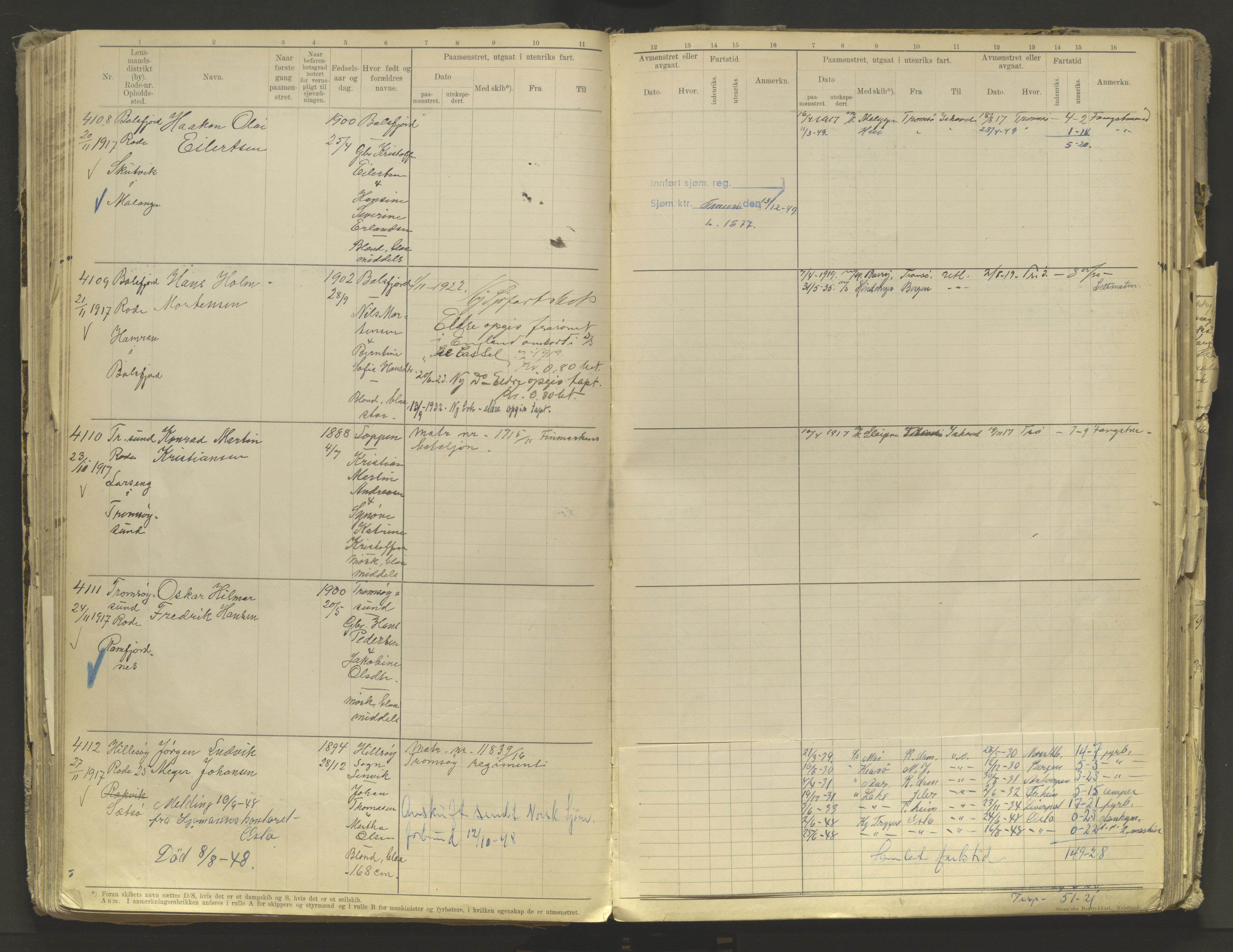 Tromsø sjømannskontor/innrullerings-/mønstringsdistrikt, AV/SATØ-S-0243/F/Fb/L0010: Annotasjonsrulle. Defekt: løs innbinding. Nr. 3519-4972, 1916-1920