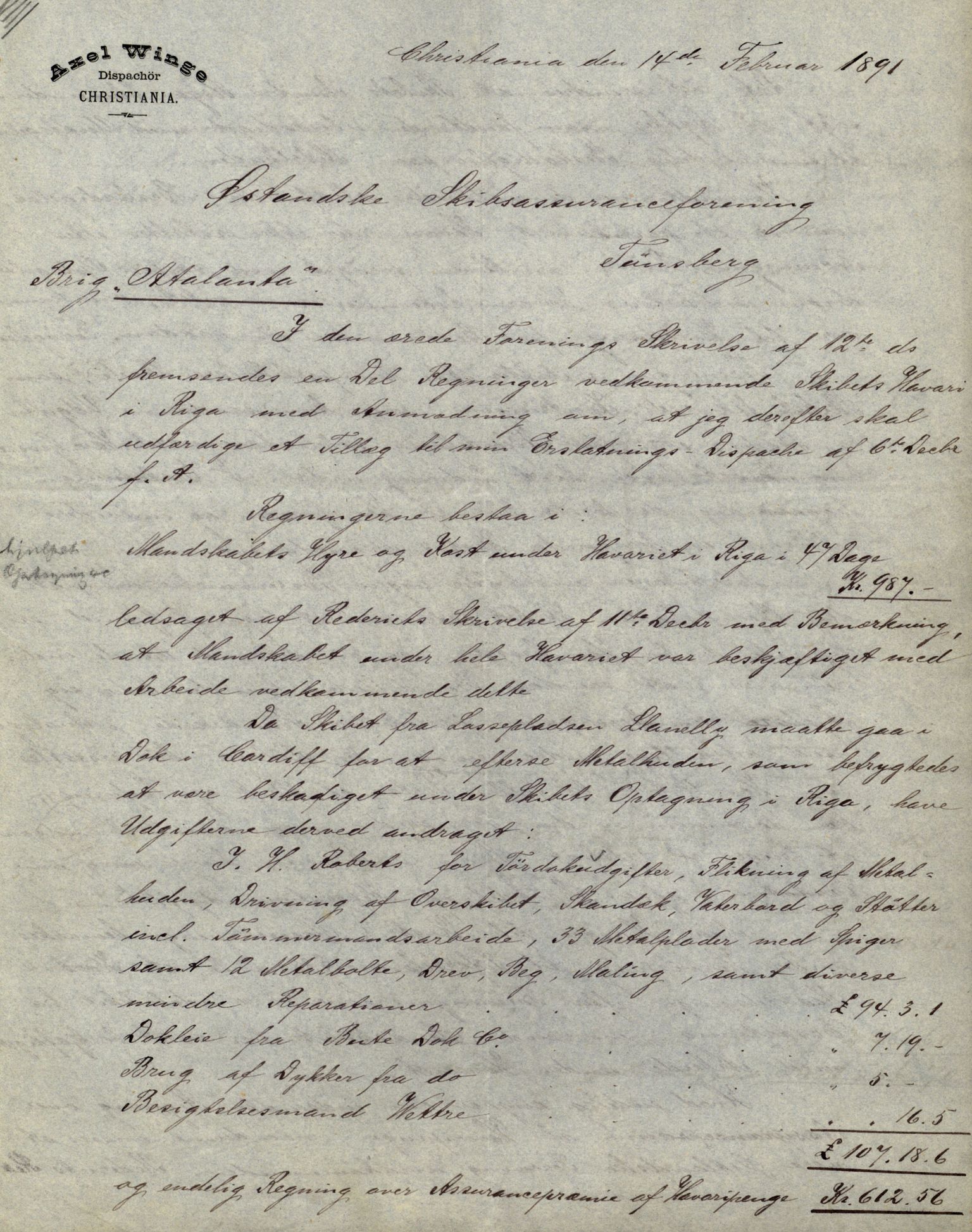 Pa 63 - Østlandske skibsassuranceforening, VEMU/A-1079/G/Ga/L0026/0008: Havaridokumenter / Bernadotte, Bardeu, Augustinus, Atlanta, Arne, 1890, s. 61