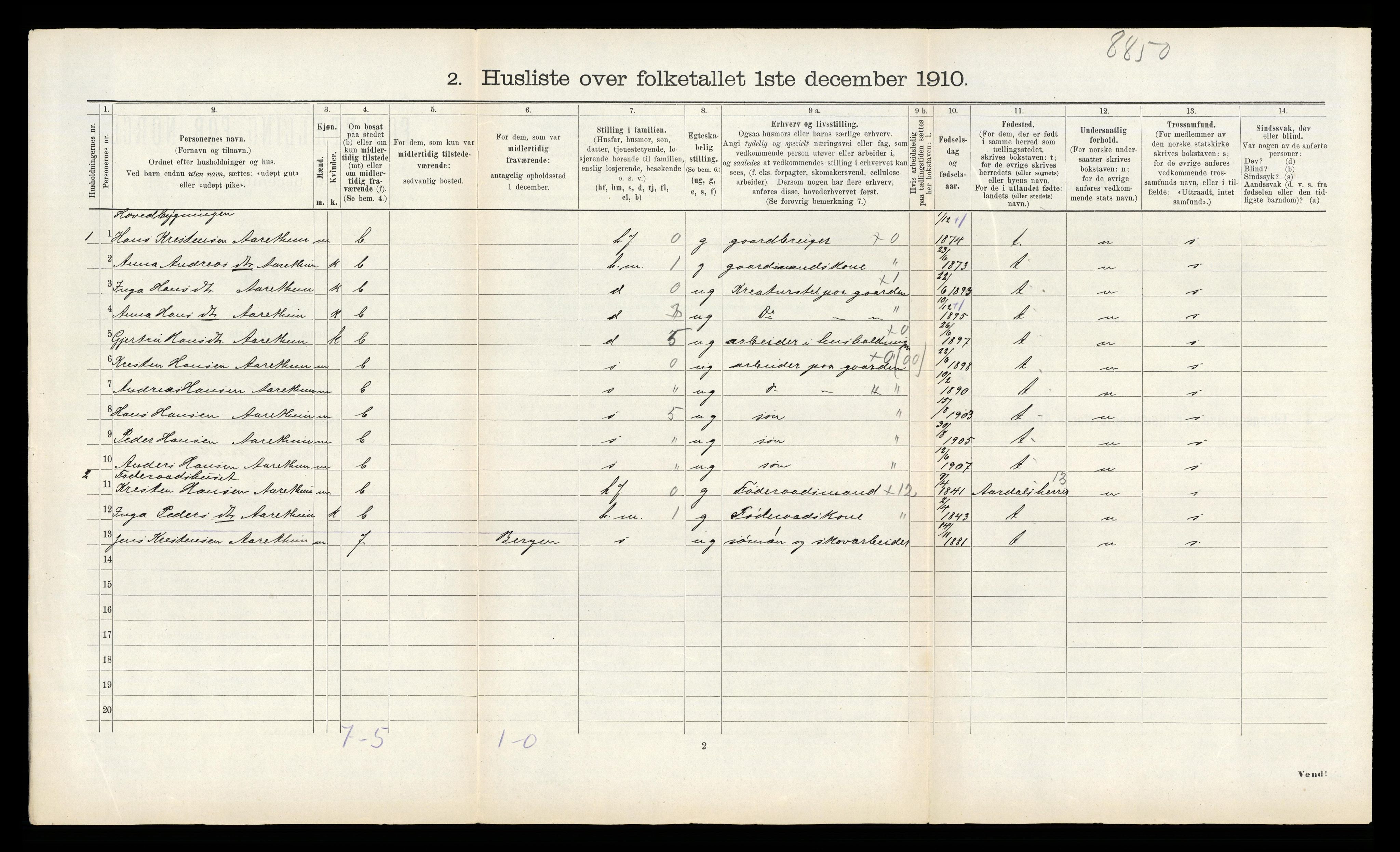 RA, Folketelling 1910 for 1422 Lærdal herred, 1910, s. 113