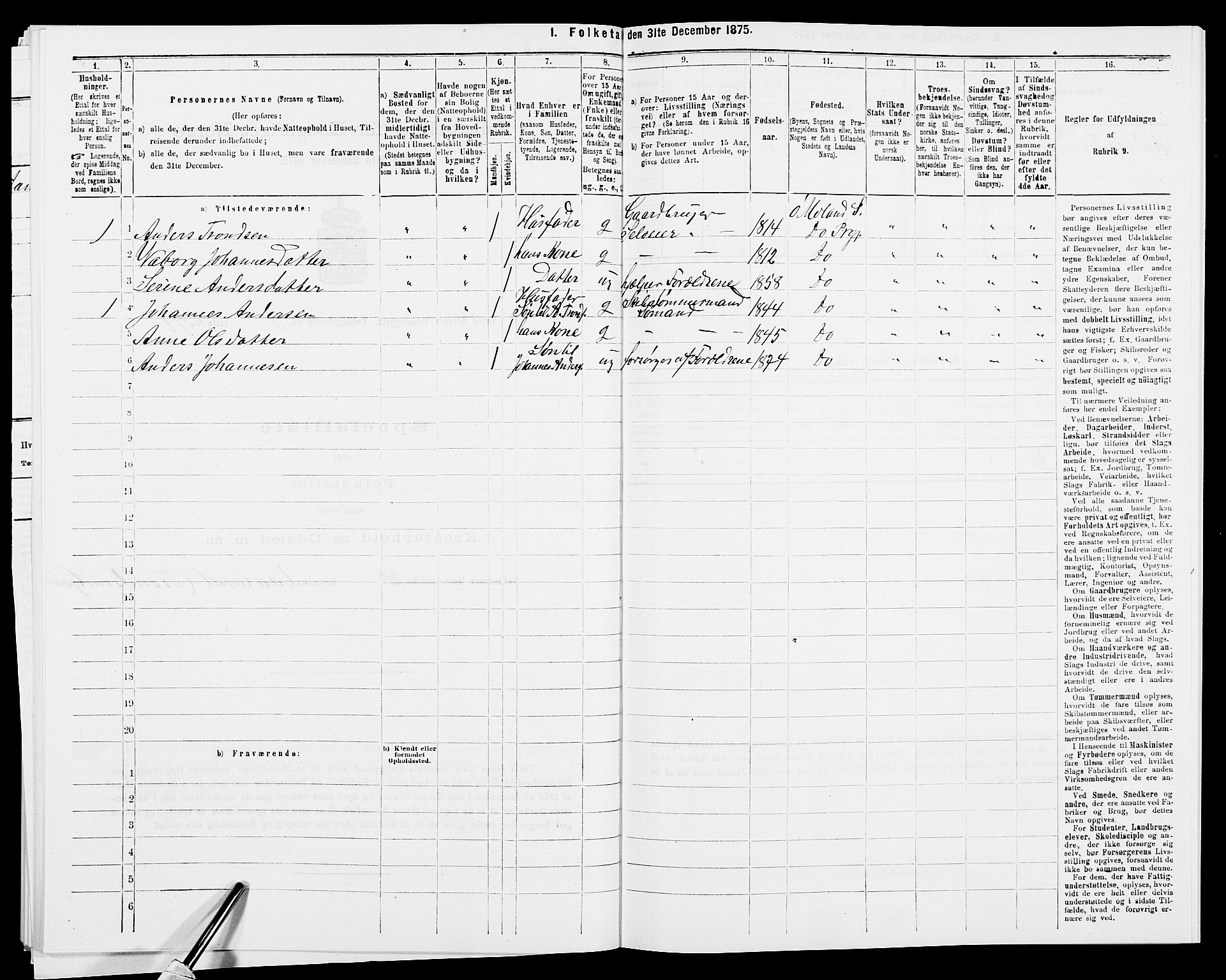 SAK, Folketelling 1875 for 0918P Austre Moland prestegjeld, 1875, s. 3125