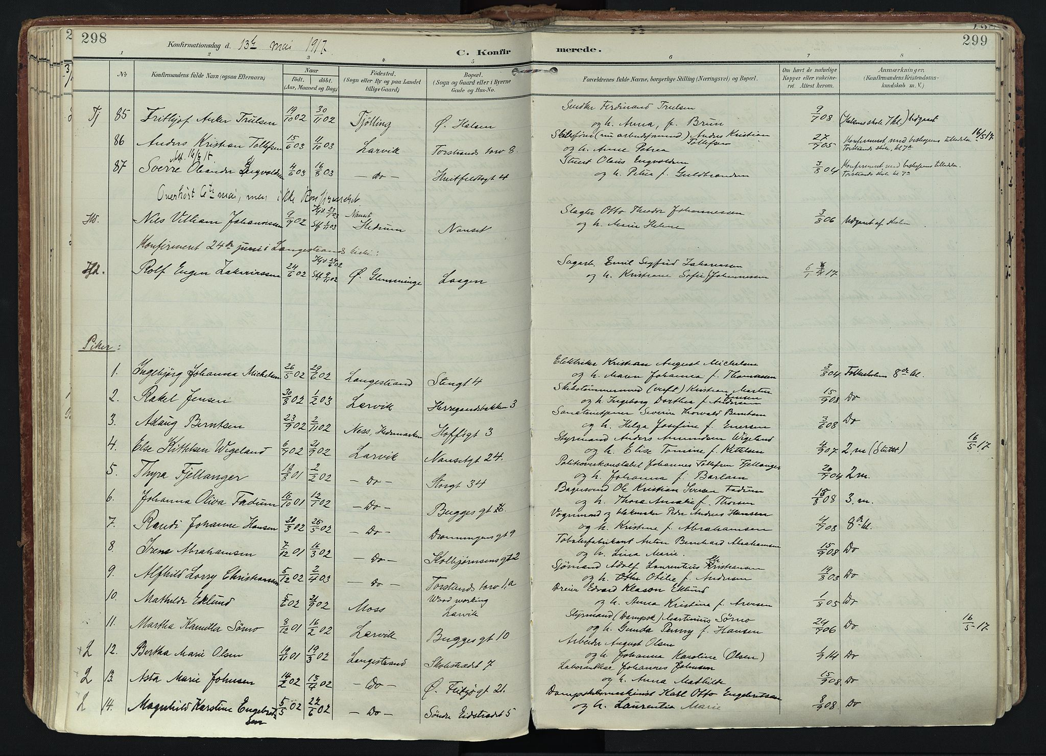 Larvik kirkebøker, AV/SAKO-A-352/F/Fa/L0011: Ministerialbok nr. I 11, 1902-1922, s. 298-299