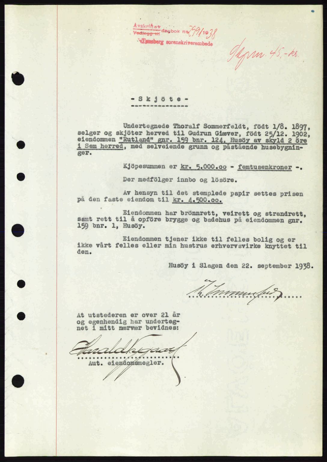Jarlsberg sorenskriveri, SAKO/A-131/G/Ga/Gaa/L0006: Pantebok nr. A-6, 1938-1939, Dagboknr: 2991/1938