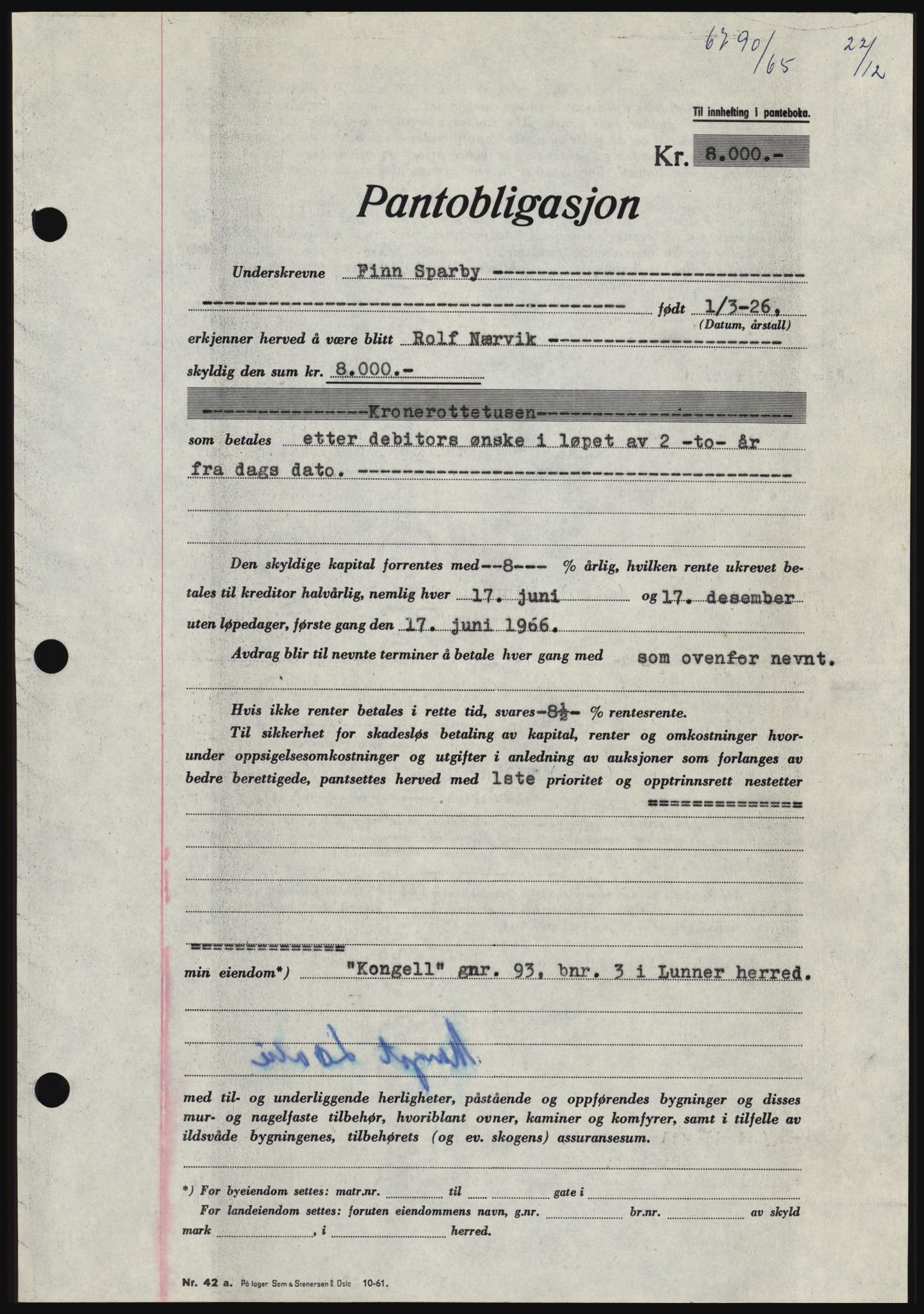 Hadeland og Land tingrett, SAH/TING-010/H/Hb/Hbc/L0061: Pantebok nr. B61, 1965-1966, Dagboknr: 6790/1965