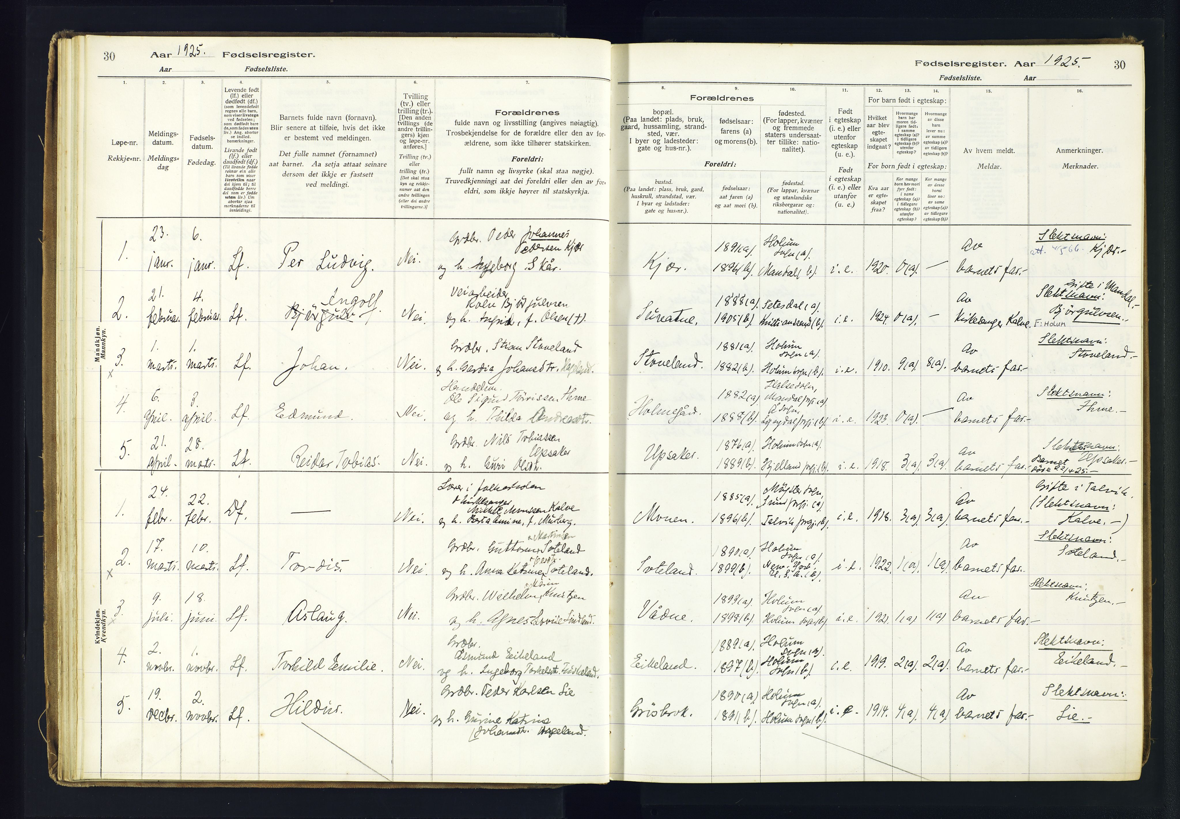 Holum sokneprestkontor, AV/SAK-1111-0022/J/Ja/L0003: Fødselsregister nr. II.6.12, 1916-1982, s. 30