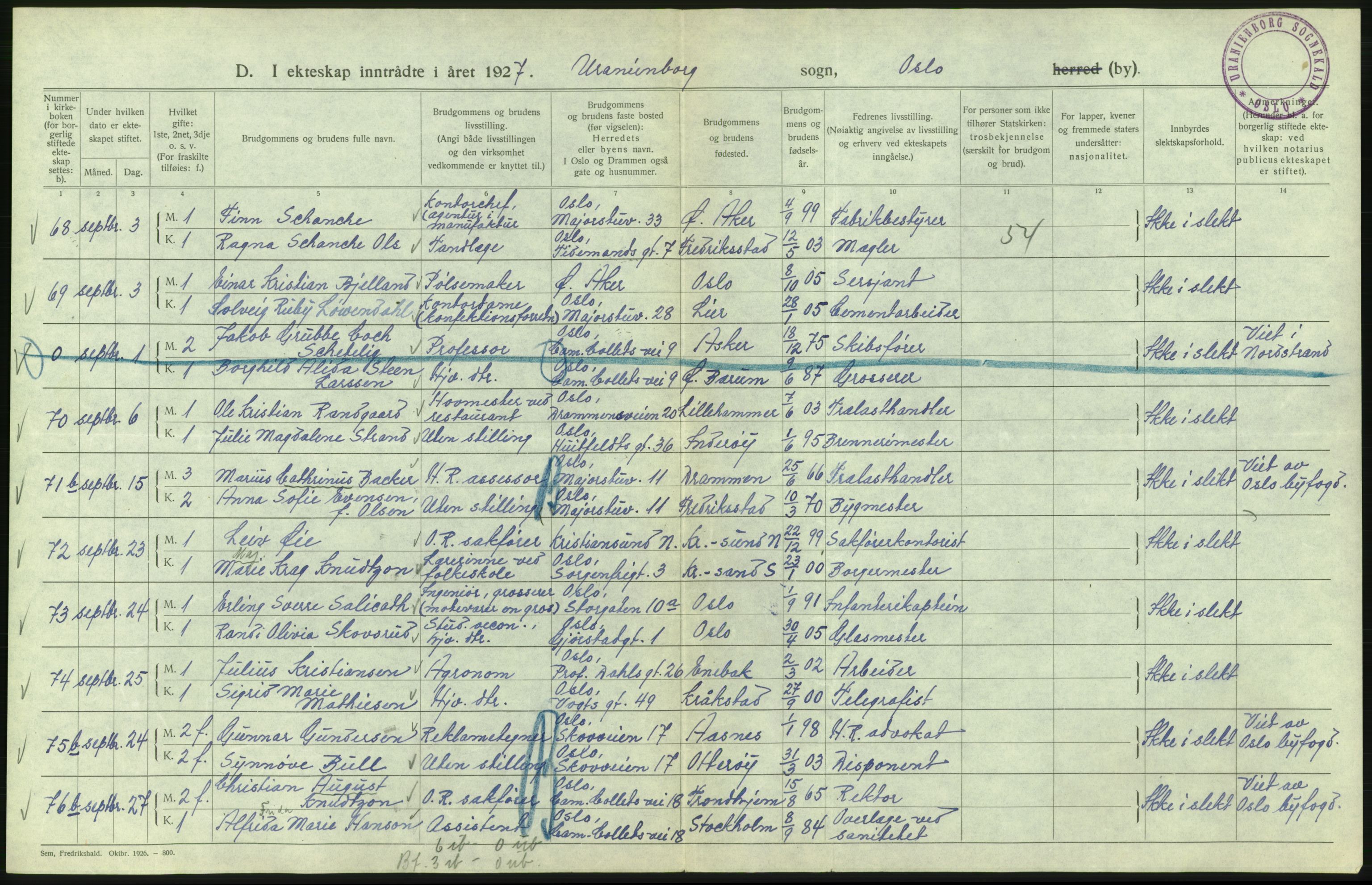 Statistisk sentralbyrå, Sosiodemografiske emner, Befolkning, AV/RA-S-2228/D/Df/Dfc/Dfcg/L0008: Oslo: Gifte, 1927, s. 222