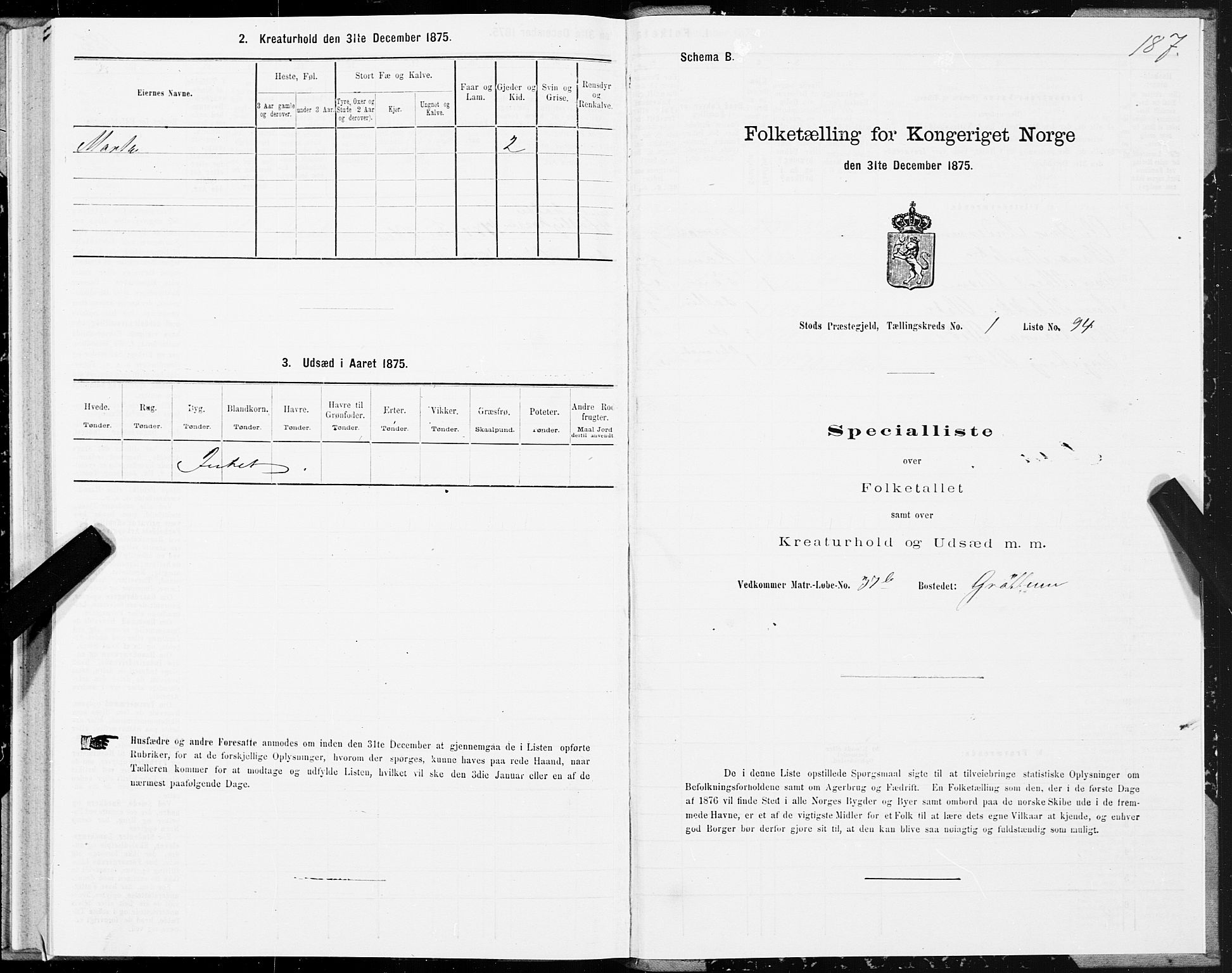 SAT, Folketelling 1875 for 1734P Stod prestegjeld, 1875, s. 1187