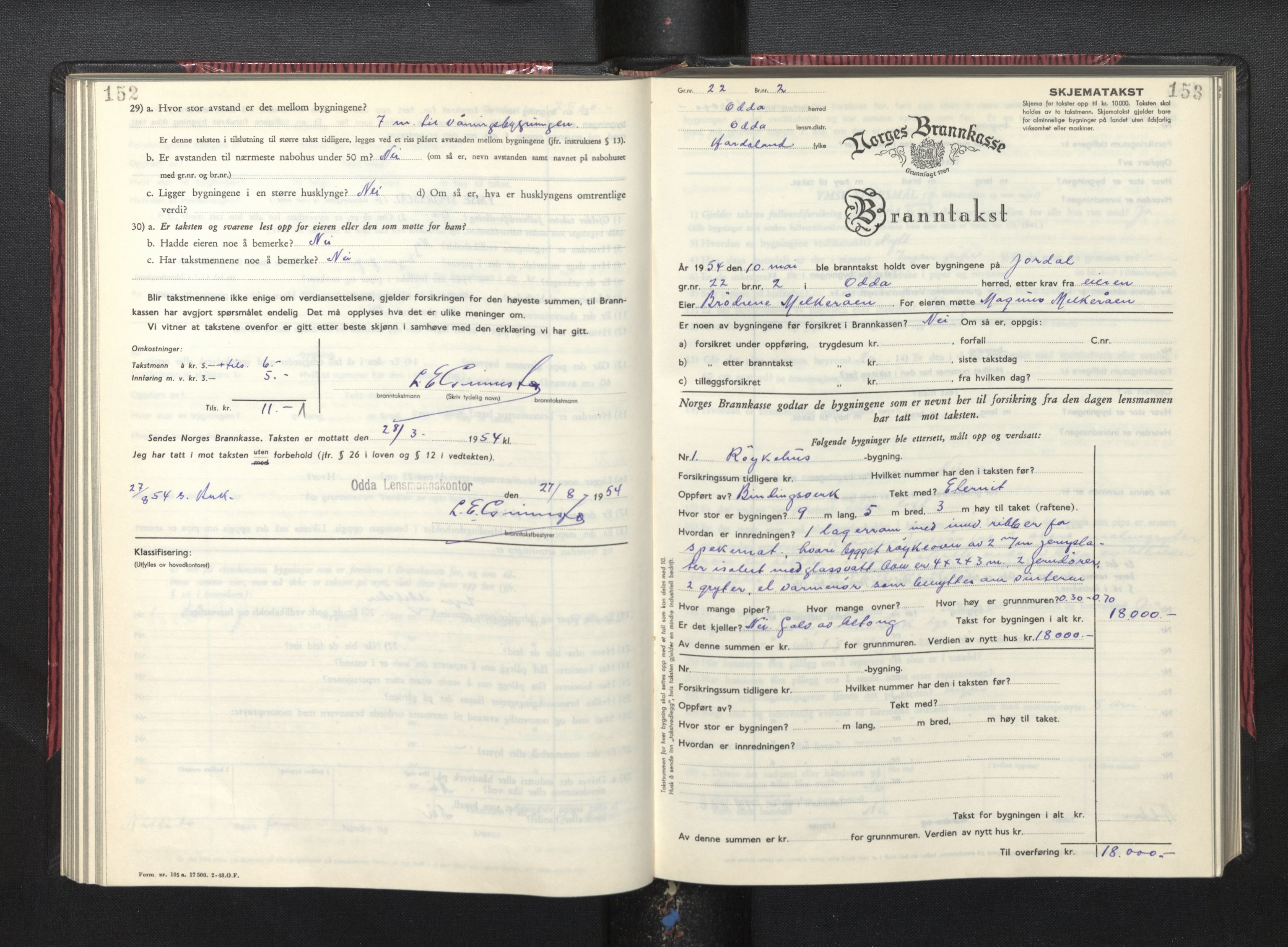 Lensmannen i Odda, AV/SAB-A-34001/0012/L0004: Branntakstprotokoll, skjematakst, 1950-1955, s. 152-153