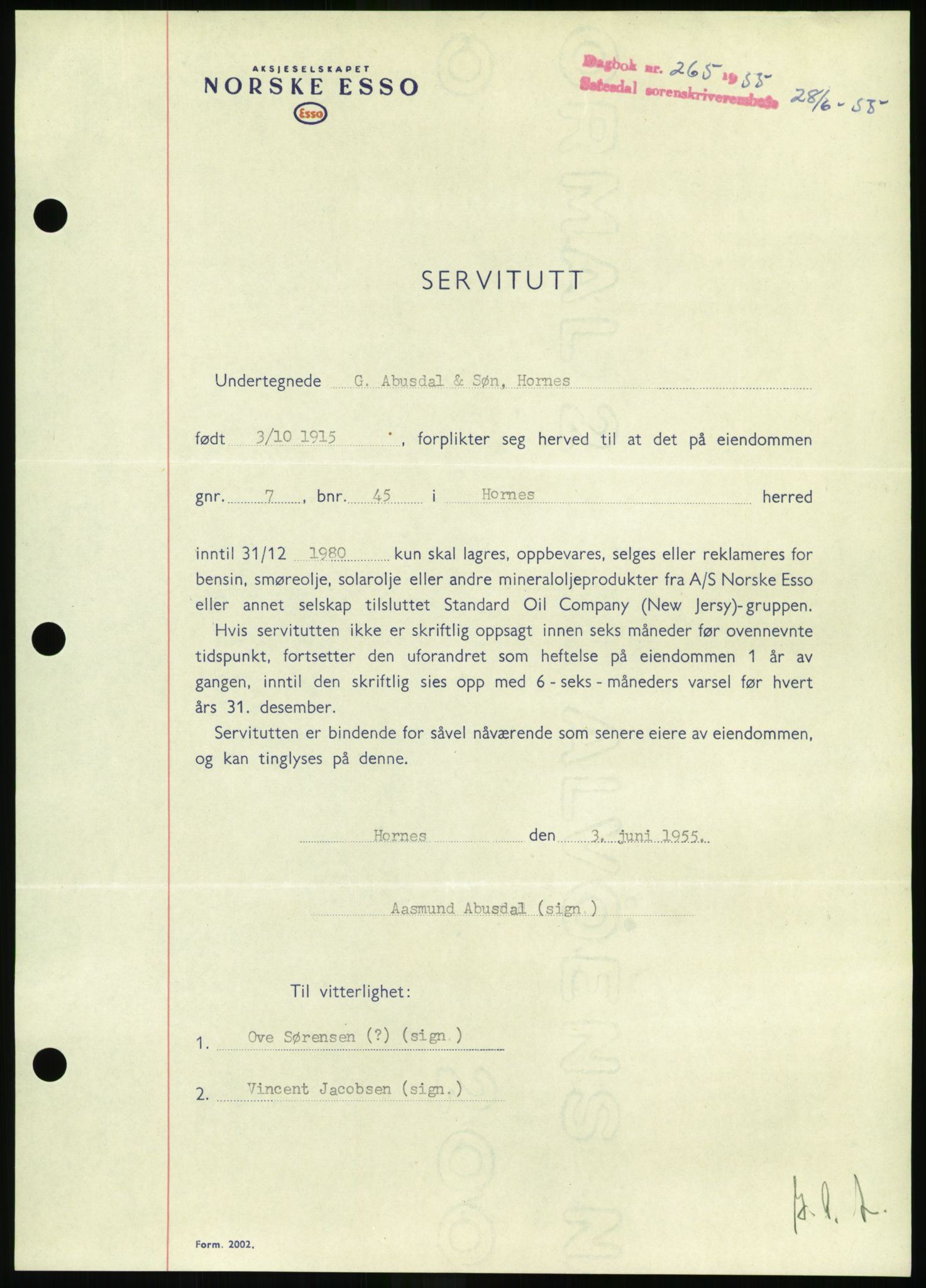 Setesdal sorenskriveri, SAK/1221-0011/G/Gb/L0052: Pantebok nr. B 40, 1954-1955, Dagboknr: 265/1955