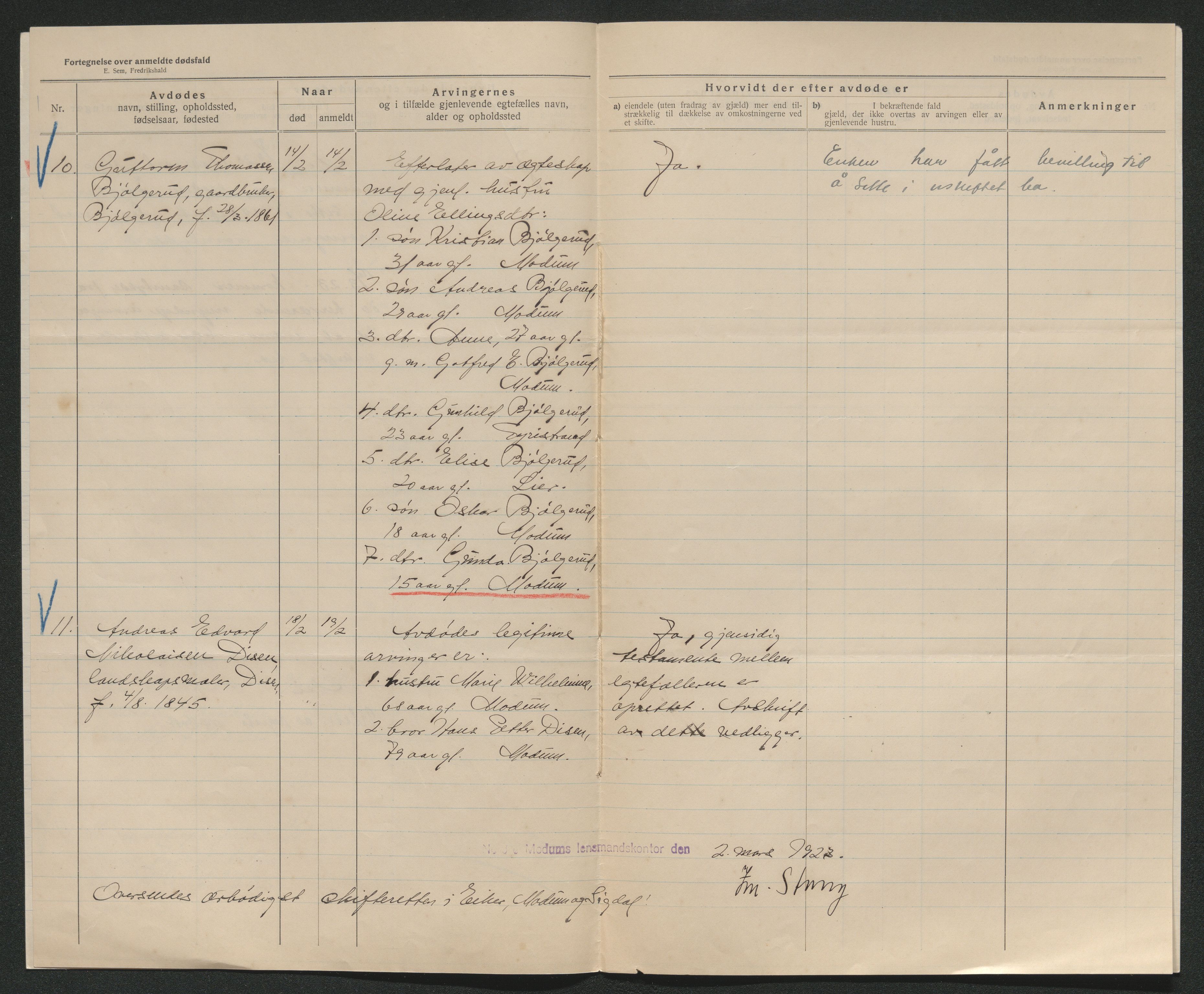 Eiker, Modum og Sigdal sorenskriveri, AV/SAKO-A-123/H/Ha/Hab/L0041: Dødsfallsmeldinger, 1922-1923, s. 578